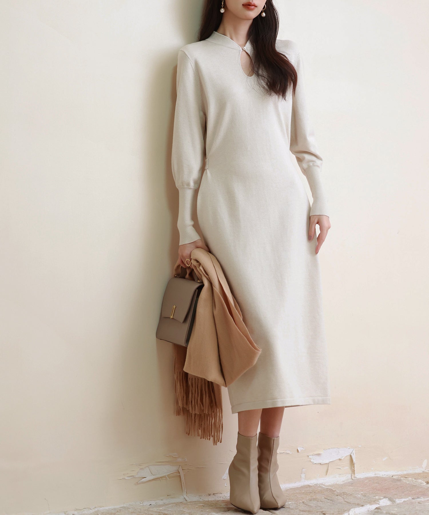 ハイゲージ編み長袖ニットワンピースsdpxyf6560 ベージュ