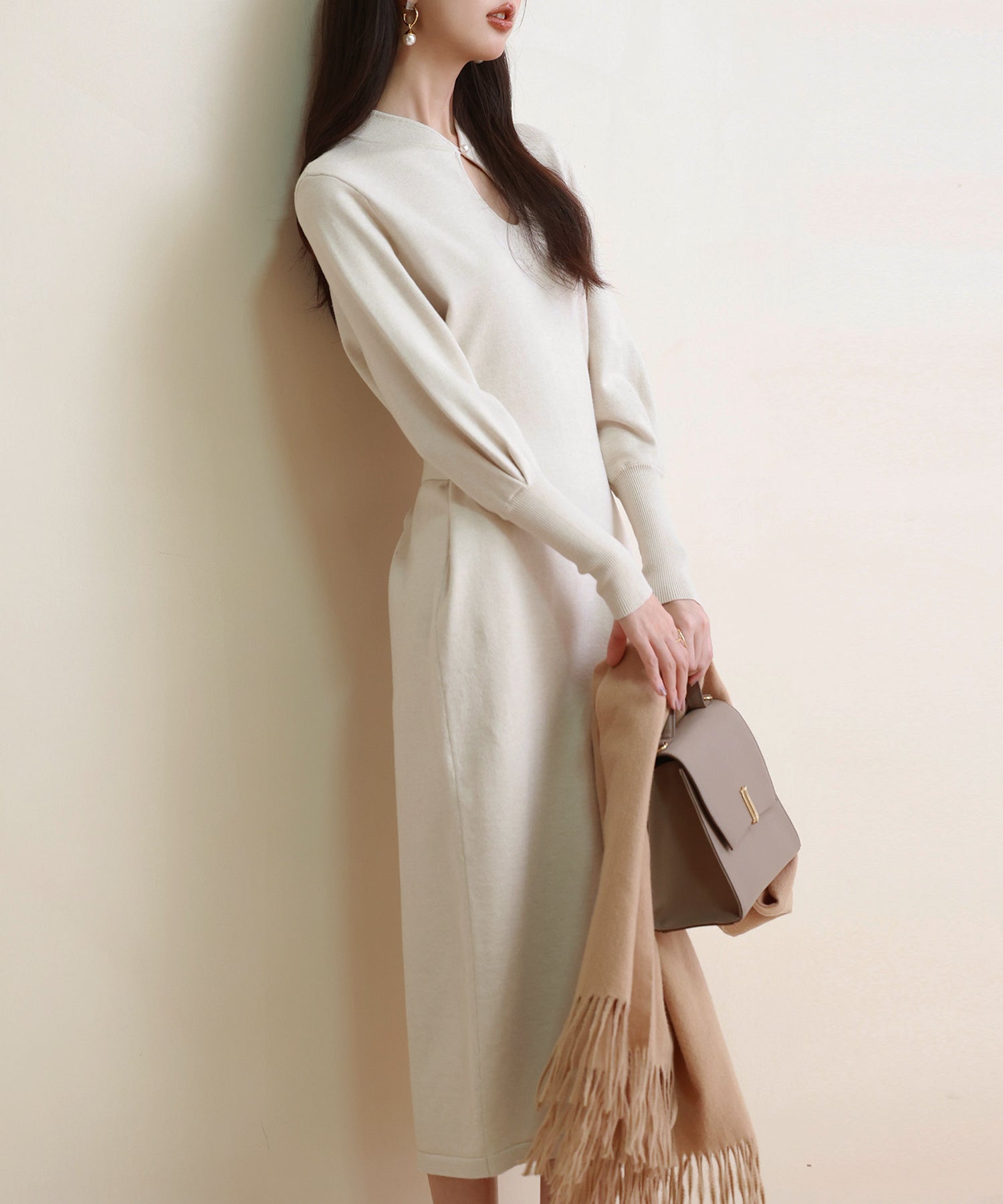 ハイゲージ編み長袖ニットワンピースsdpxyf6560 ベージュ
