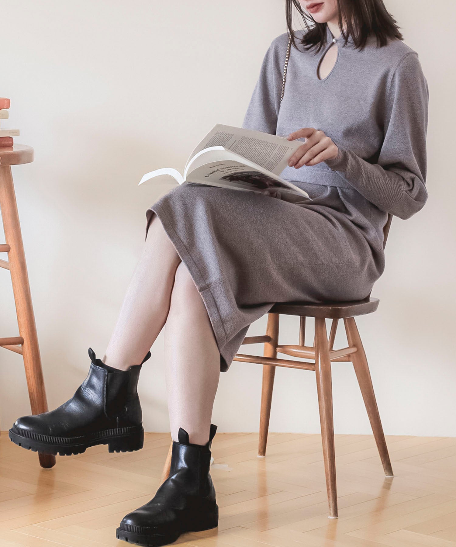 ハイゲージ編み長袖ニットワンピースsdpxyf6560 グレイッシュベージュ