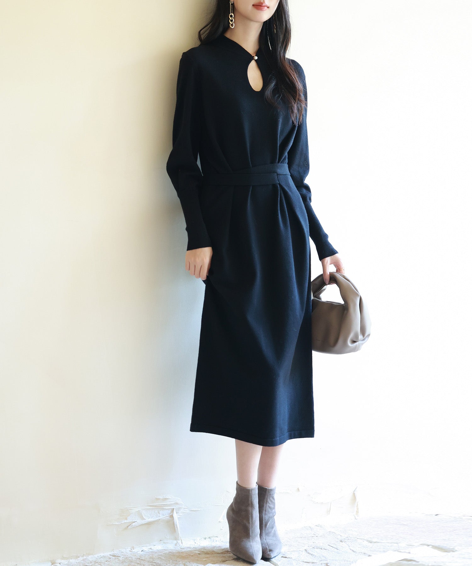 ハイゲージ編み長袖ニットワンピースsdpxyf6560 ブラック