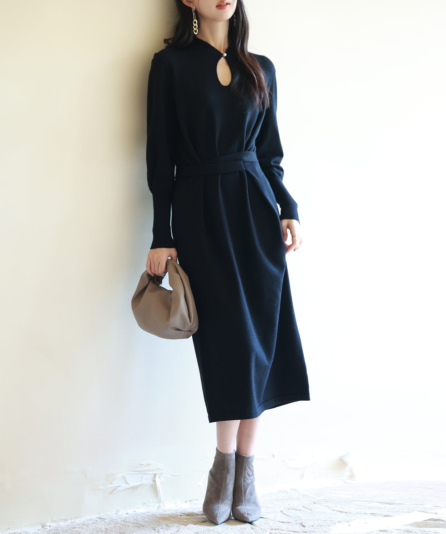 ハイゲージ編み長袖ニットワンピースsdpxyf6560 ブラック