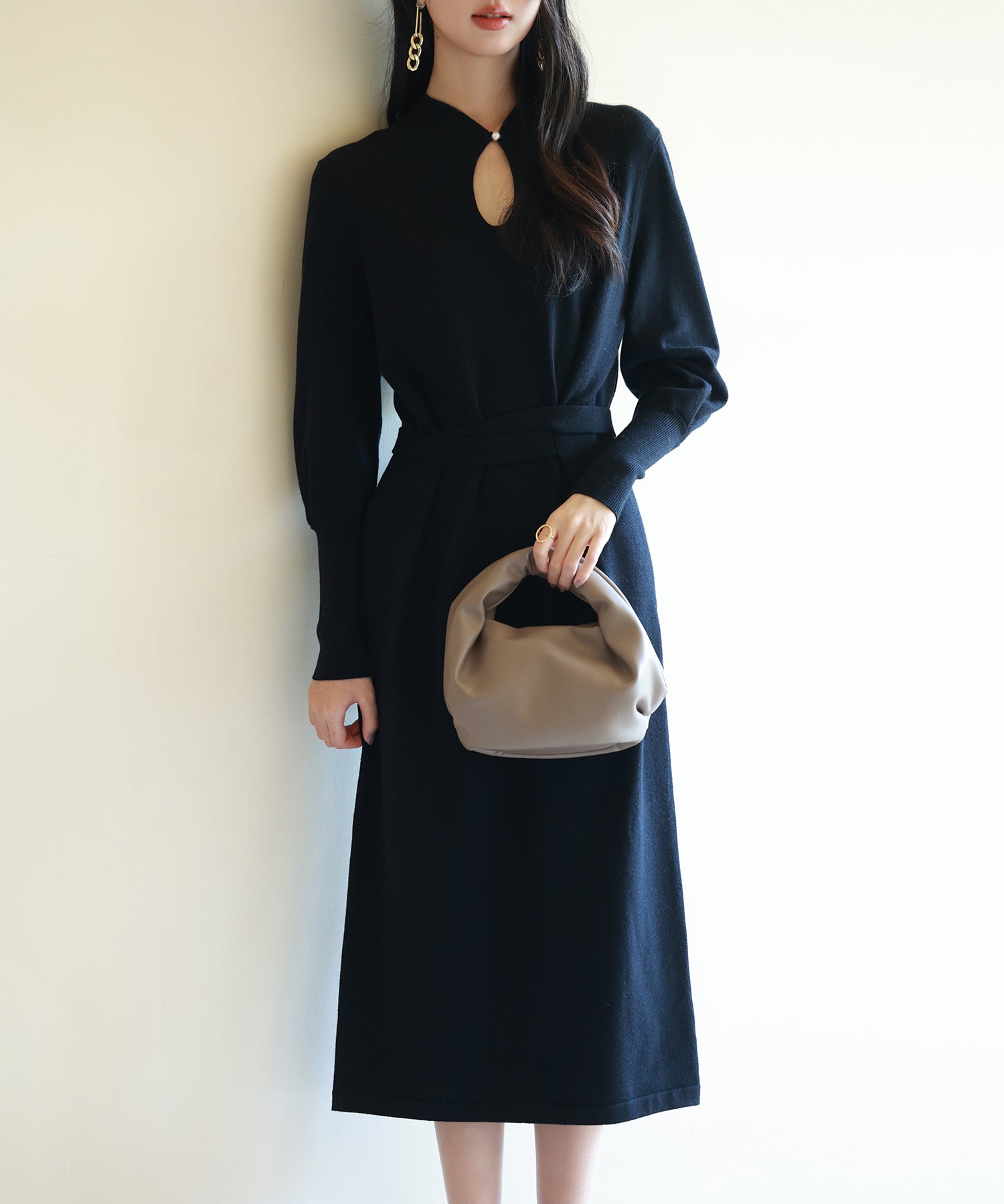 ハイゲージ編み長袖ニットワンピースsdpxyf6560 ブラック