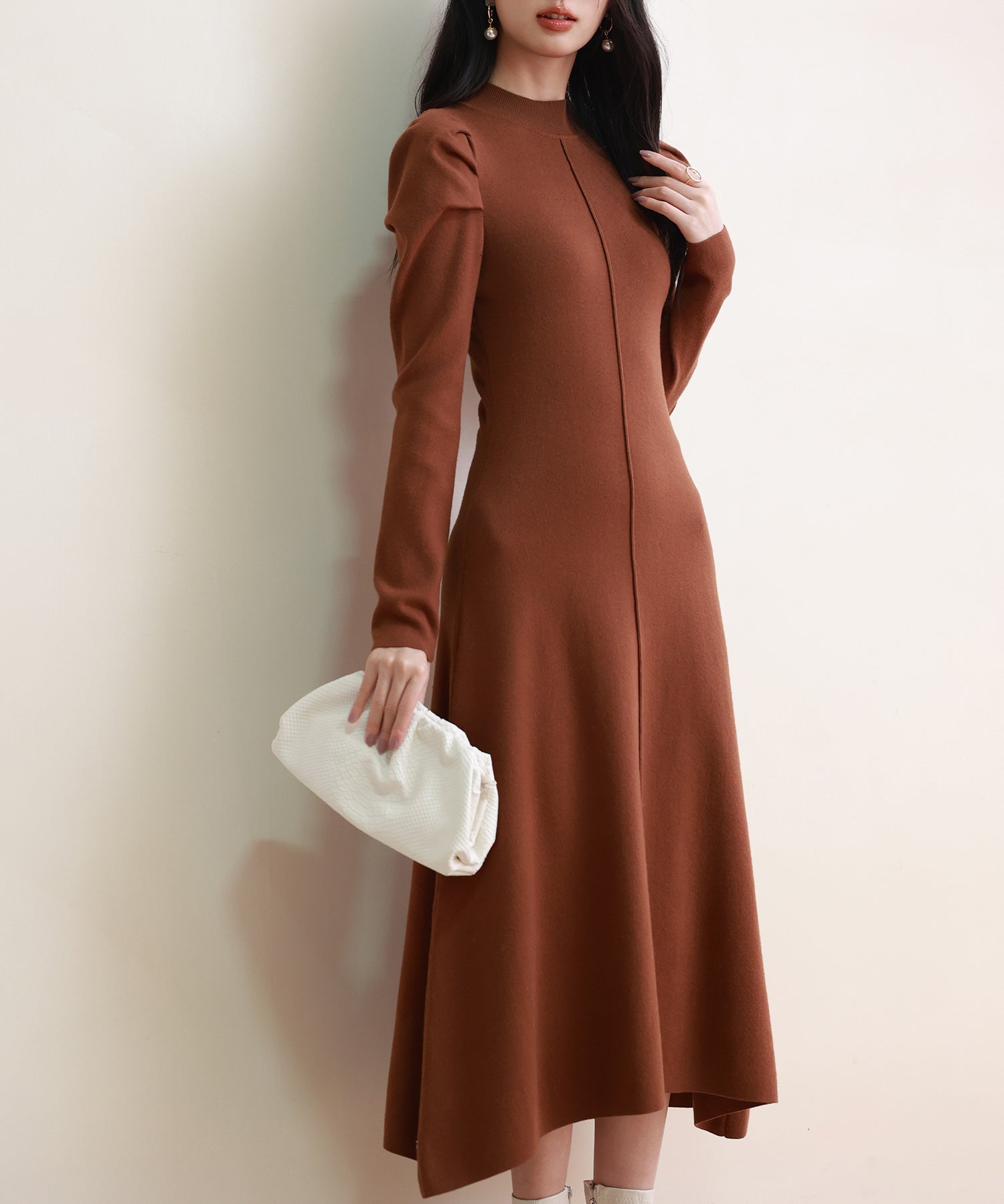 ギャザースリーブプチハイネックニットワンピースsdpxyf6565 ブラウン