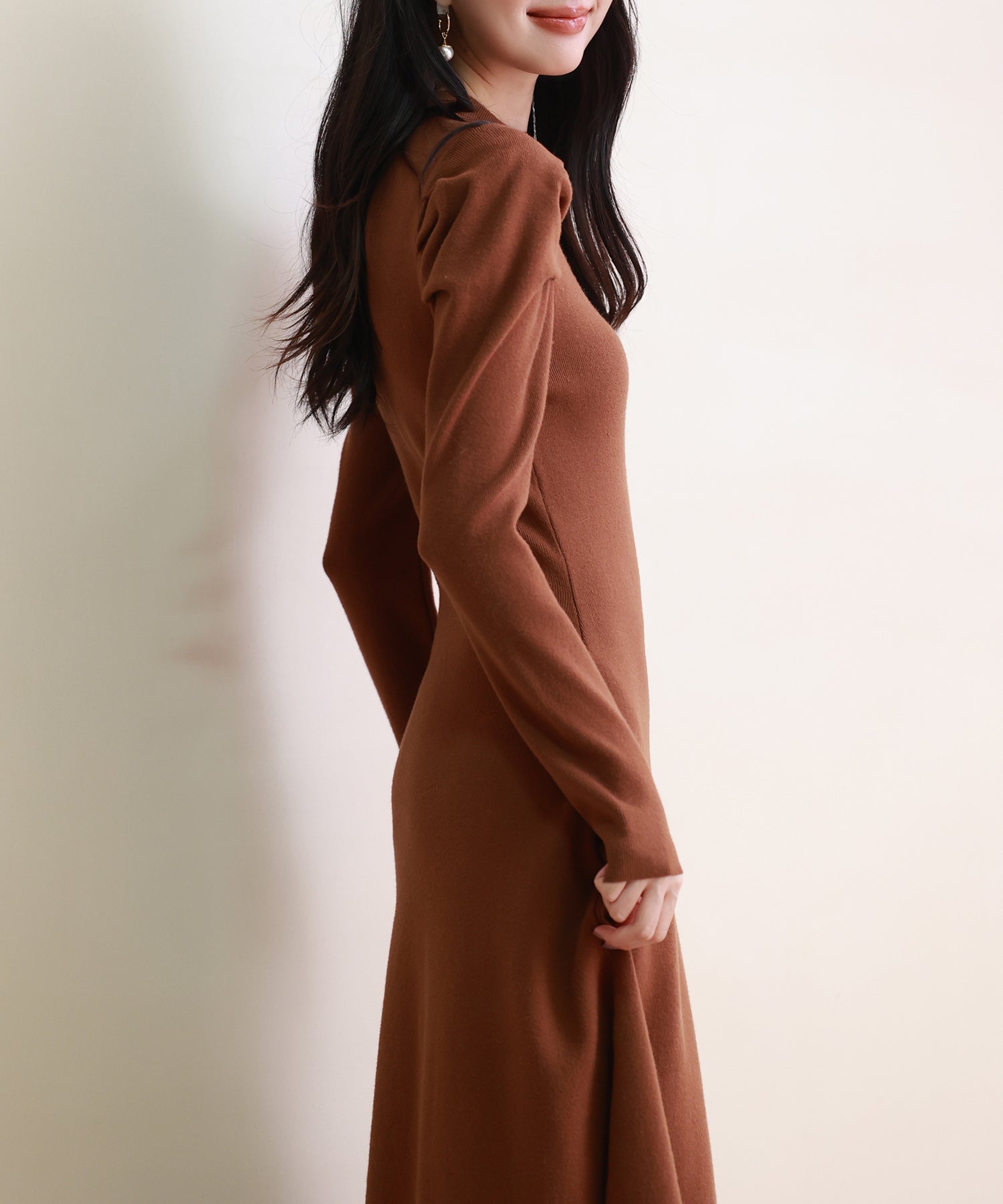 ギャザースリーブプチハイネックニットワンピースsdpxyf6565 ブラウン