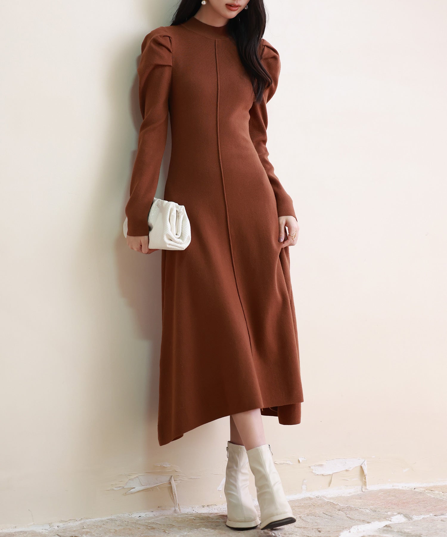 ギャザースリーブプチハイネックニットワンピースsdpxyf6565 ブラウン