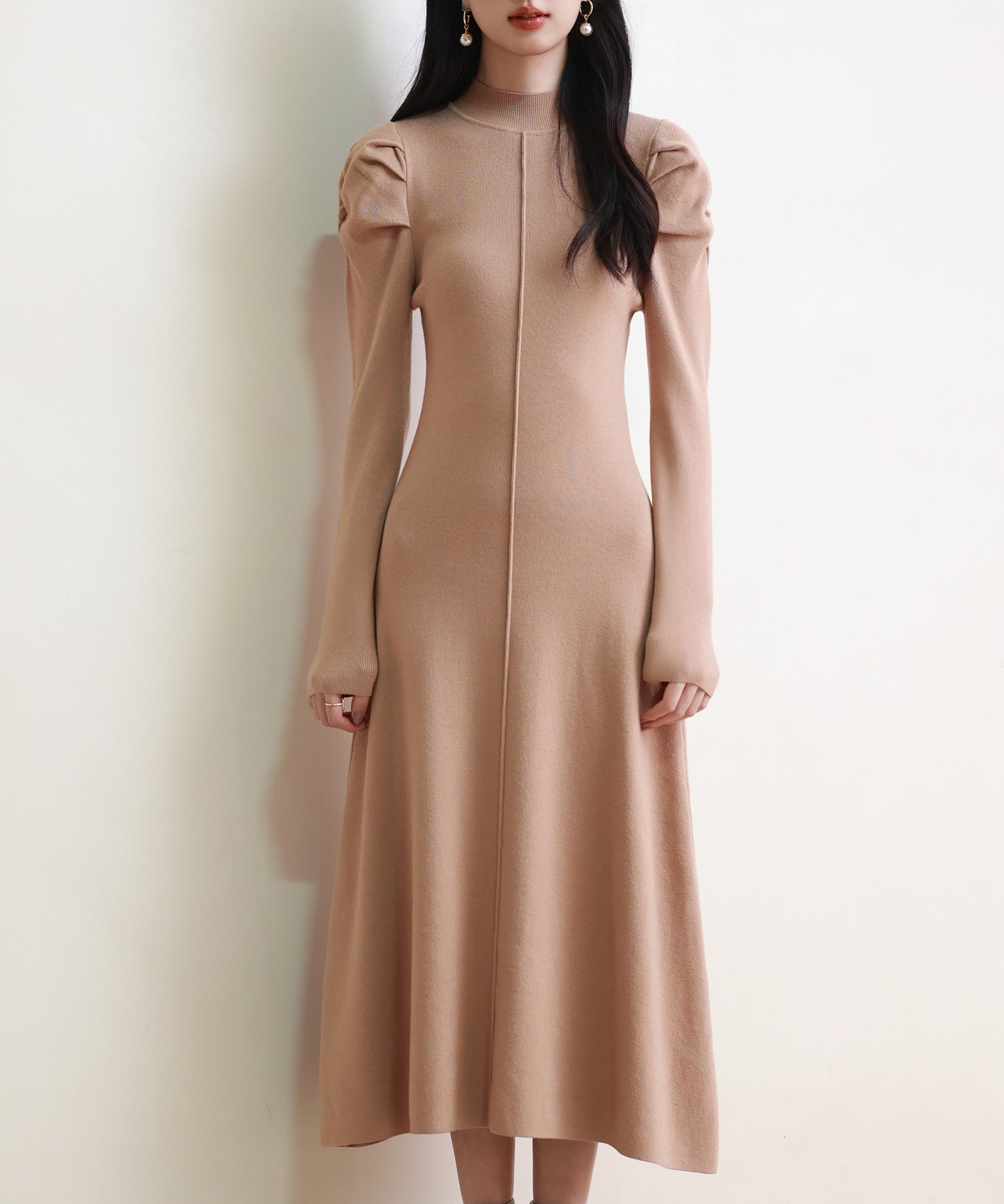 ギャザースリーブプチハイネックニットワンピースsdpxyf6565 ブラウン