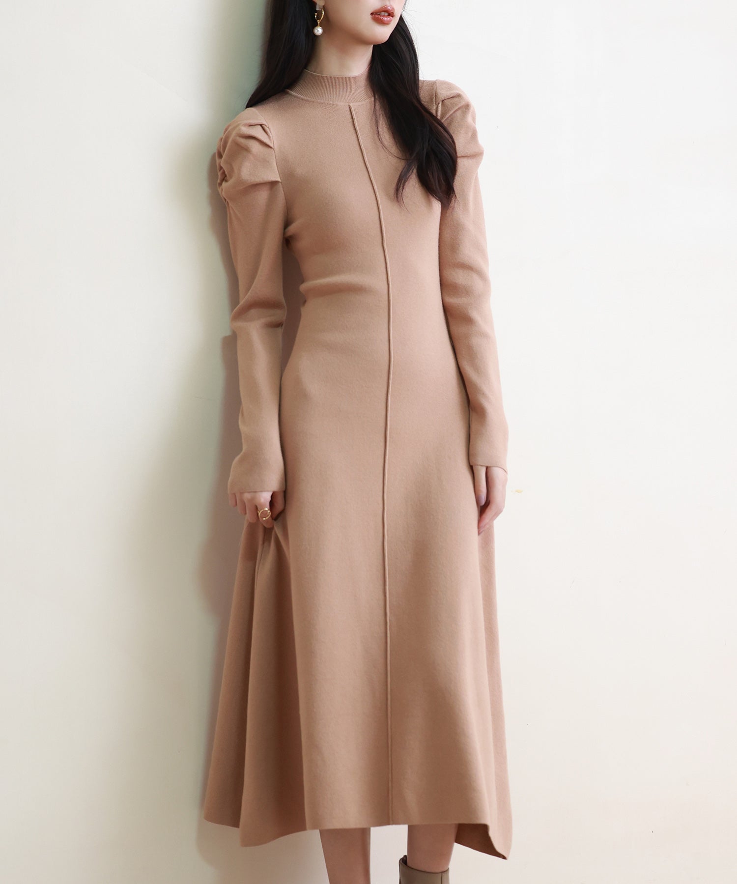 ギャザースリーブプチハイネックニットワンピースsdpxyf6565 ブラウン