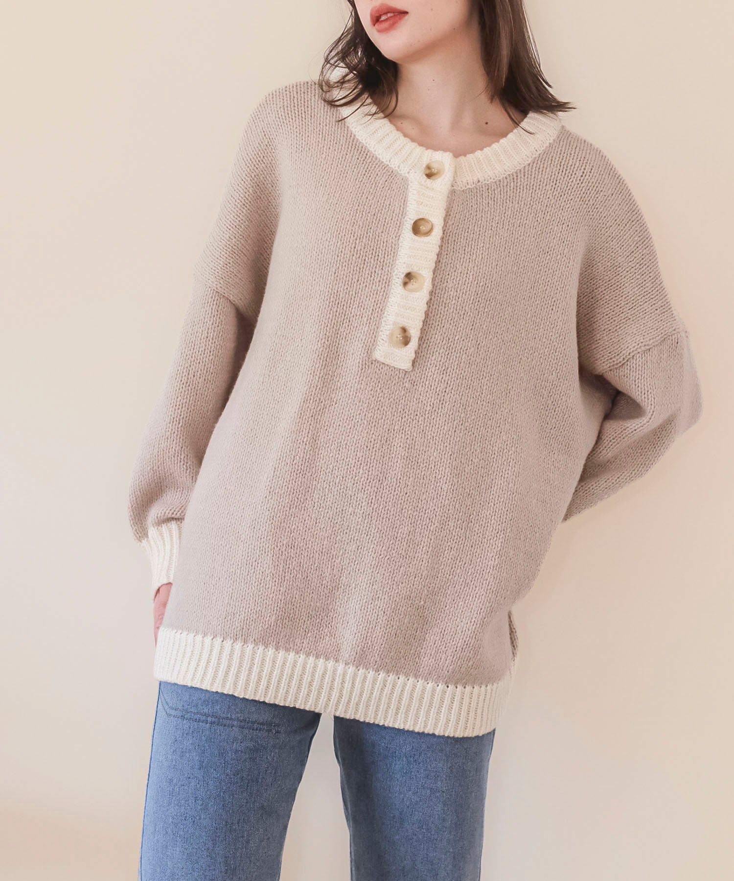 前後2way配色ニットプルオーバーsdpxyf6579 ベージュ