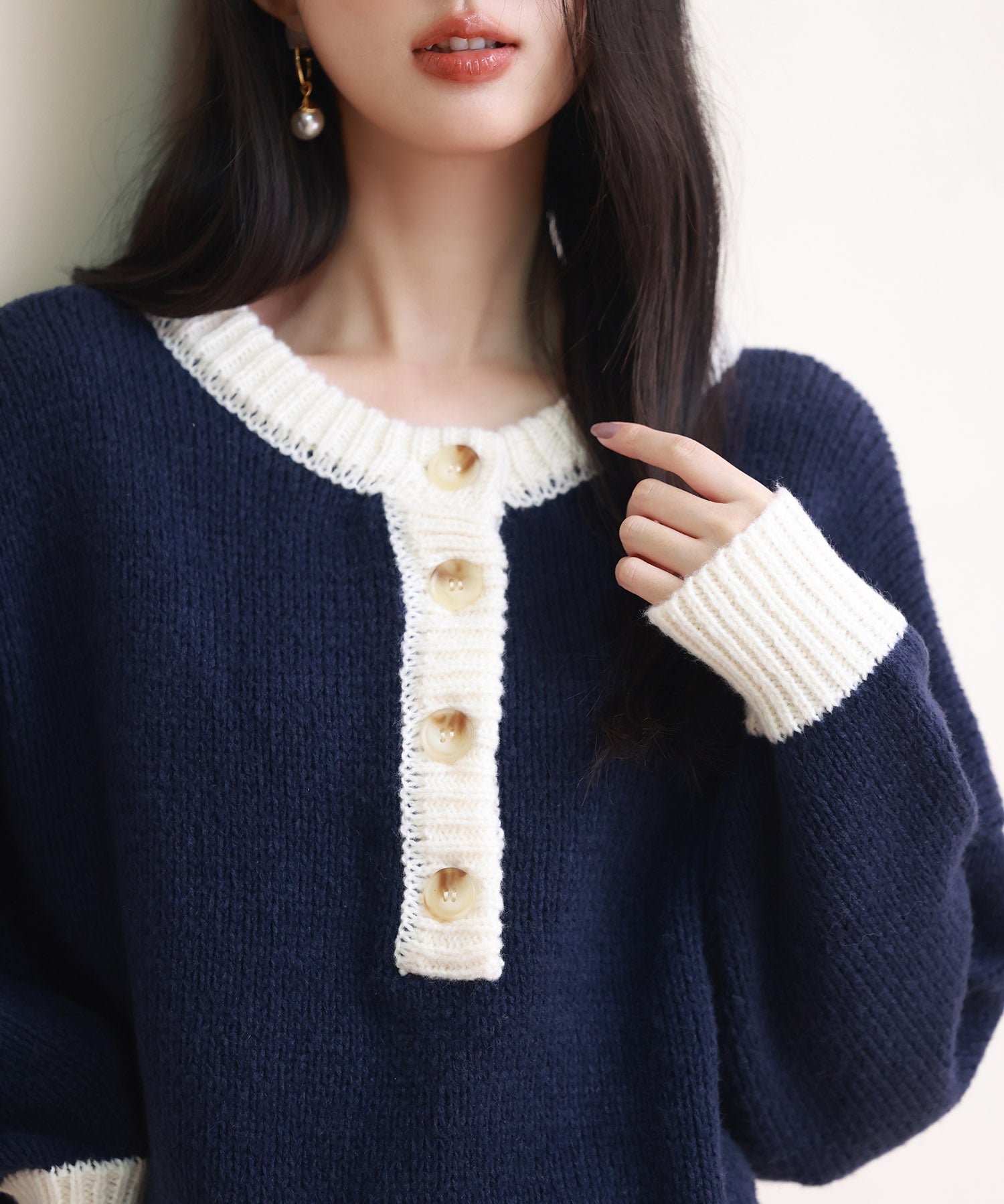 前後2way配色ニットプルオーバーsdpxyf6579 ネイビー