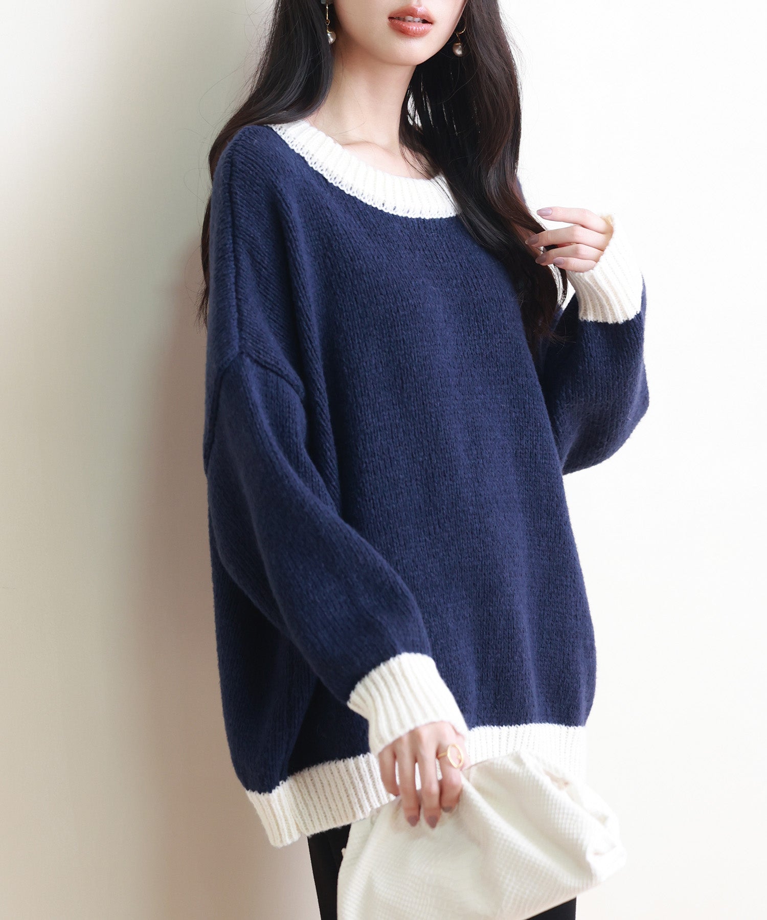 前後2way配色ニットプルオーバーsdpxyf6579 ネイビー