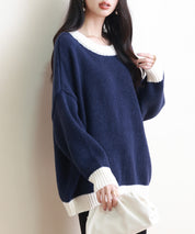 前後2way配色ニットプルオーバーsdpxyf6579 ネイビー