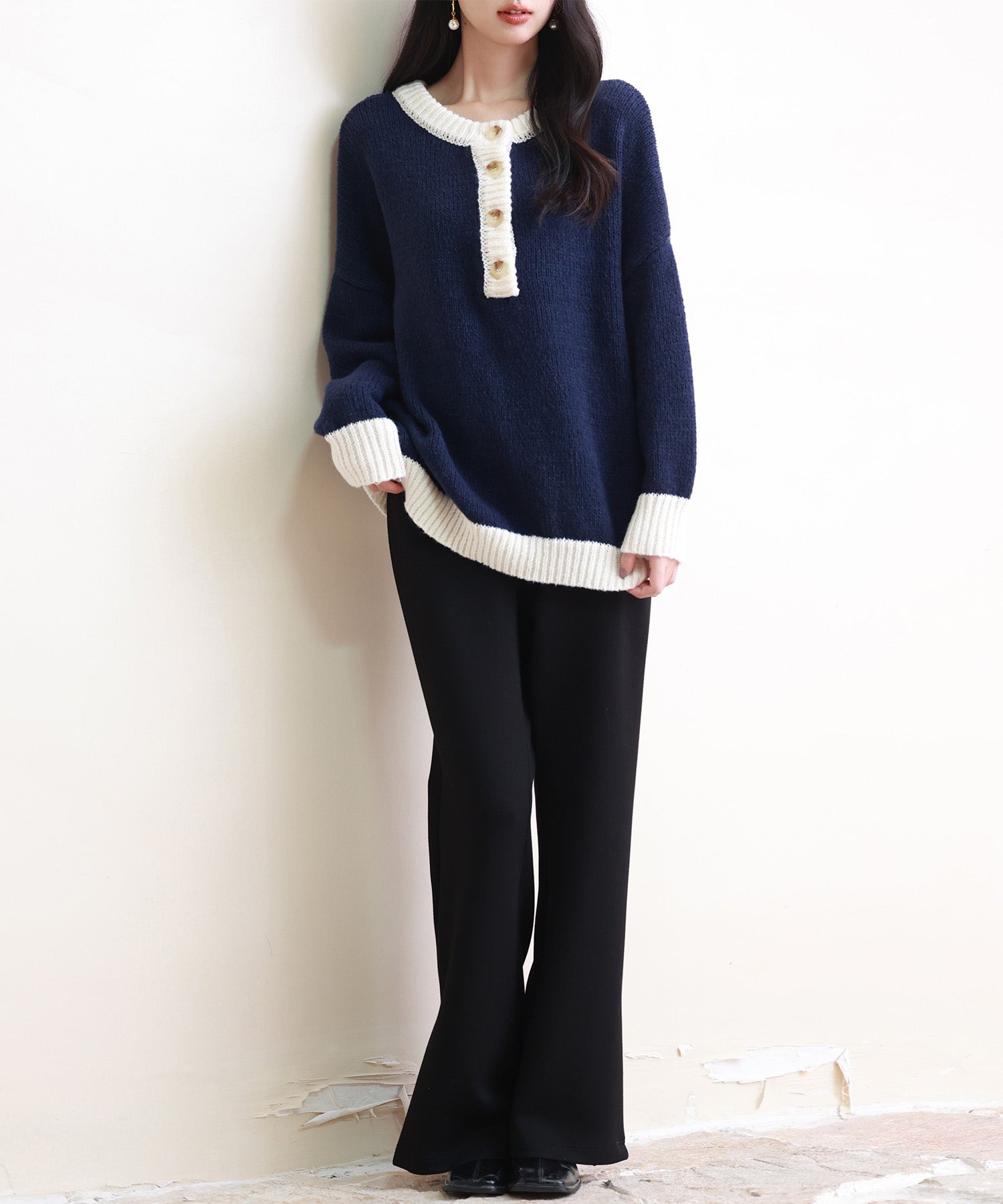 前後2way配色ニットプルオーバーsdpxyf6579 ネイビー