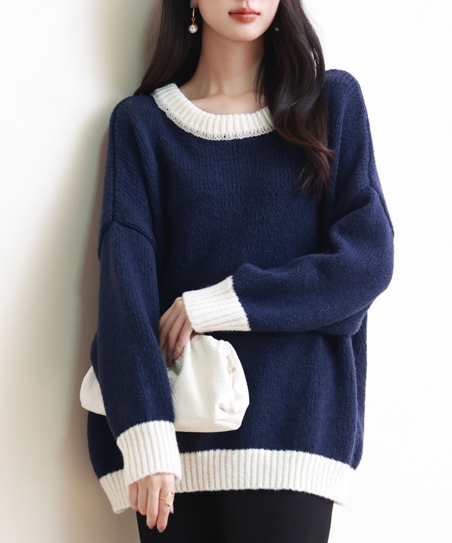 前後2way配色ニットプルオーバーsdpxyf6579 ネイビー