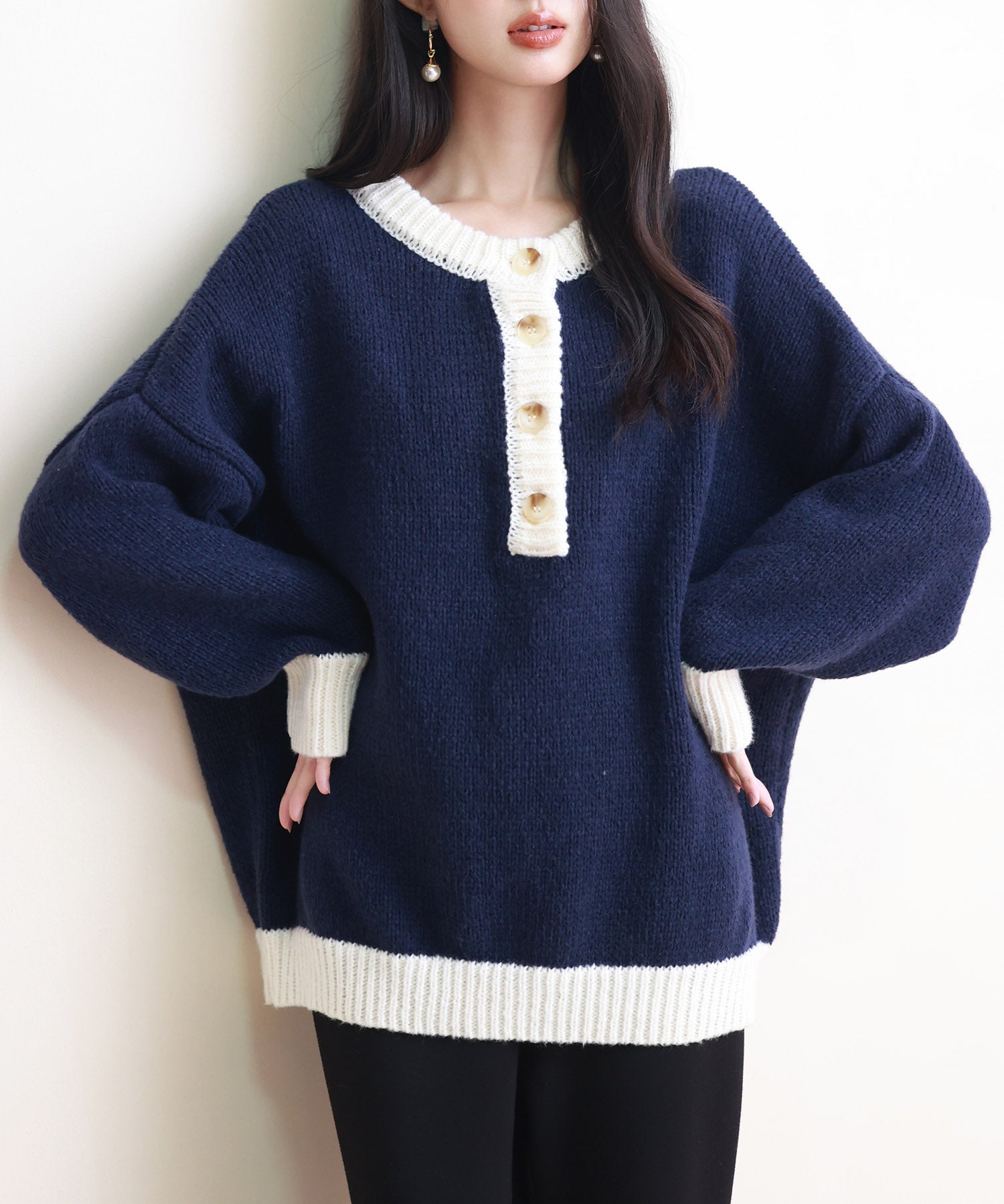 前後2way配色ニットプルオーバーsdpxyf6579 ネイビー