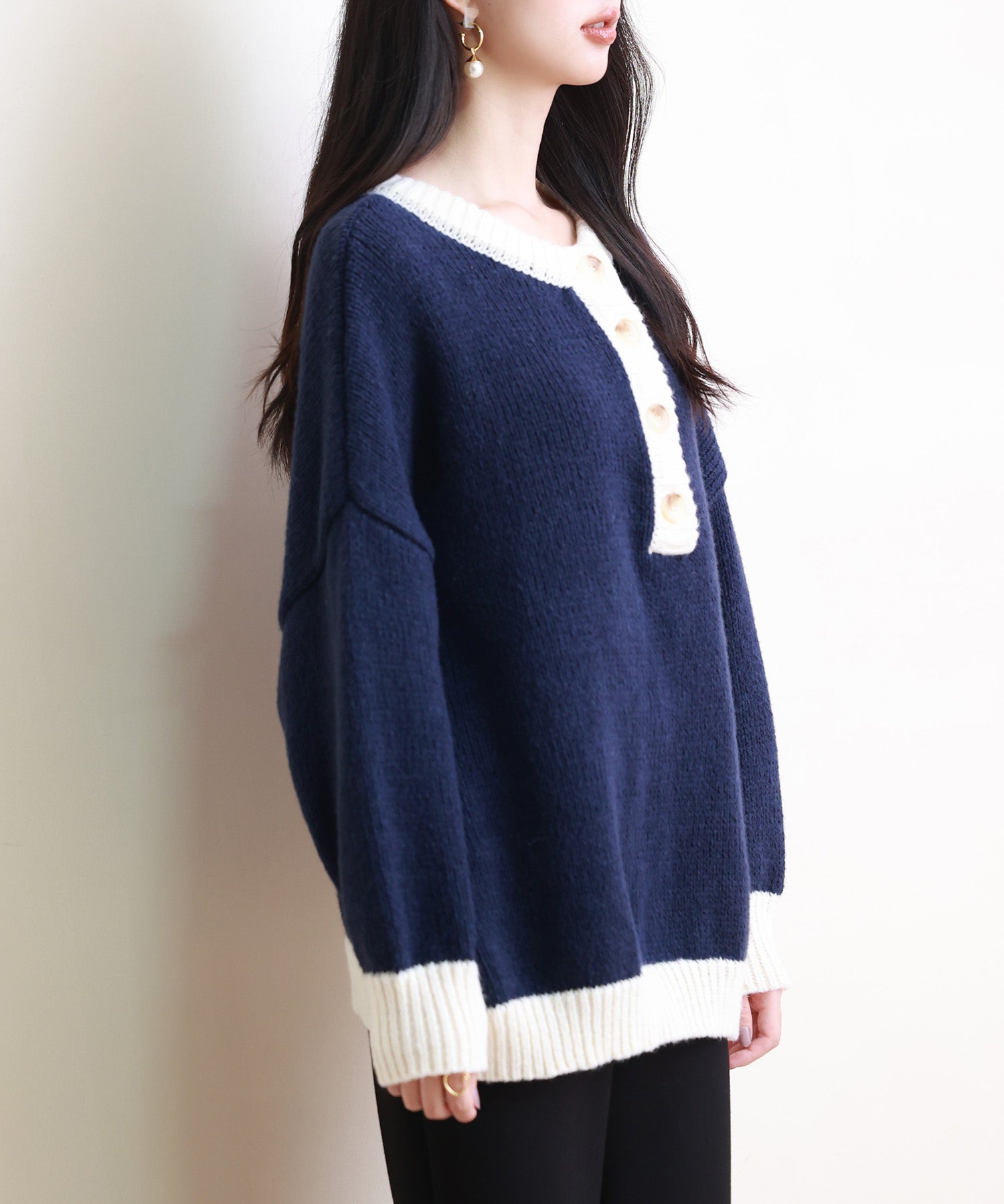 前後2way配色ニットプルオーバーsdpxyf6579 ネイビー