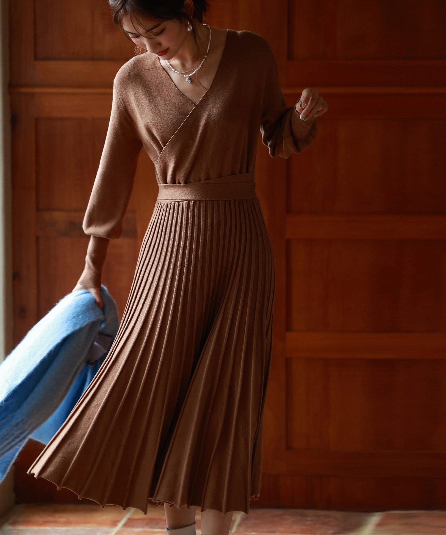 マトンスリーブカシュクールニットワンピースsdpxyf7005 ブラウン