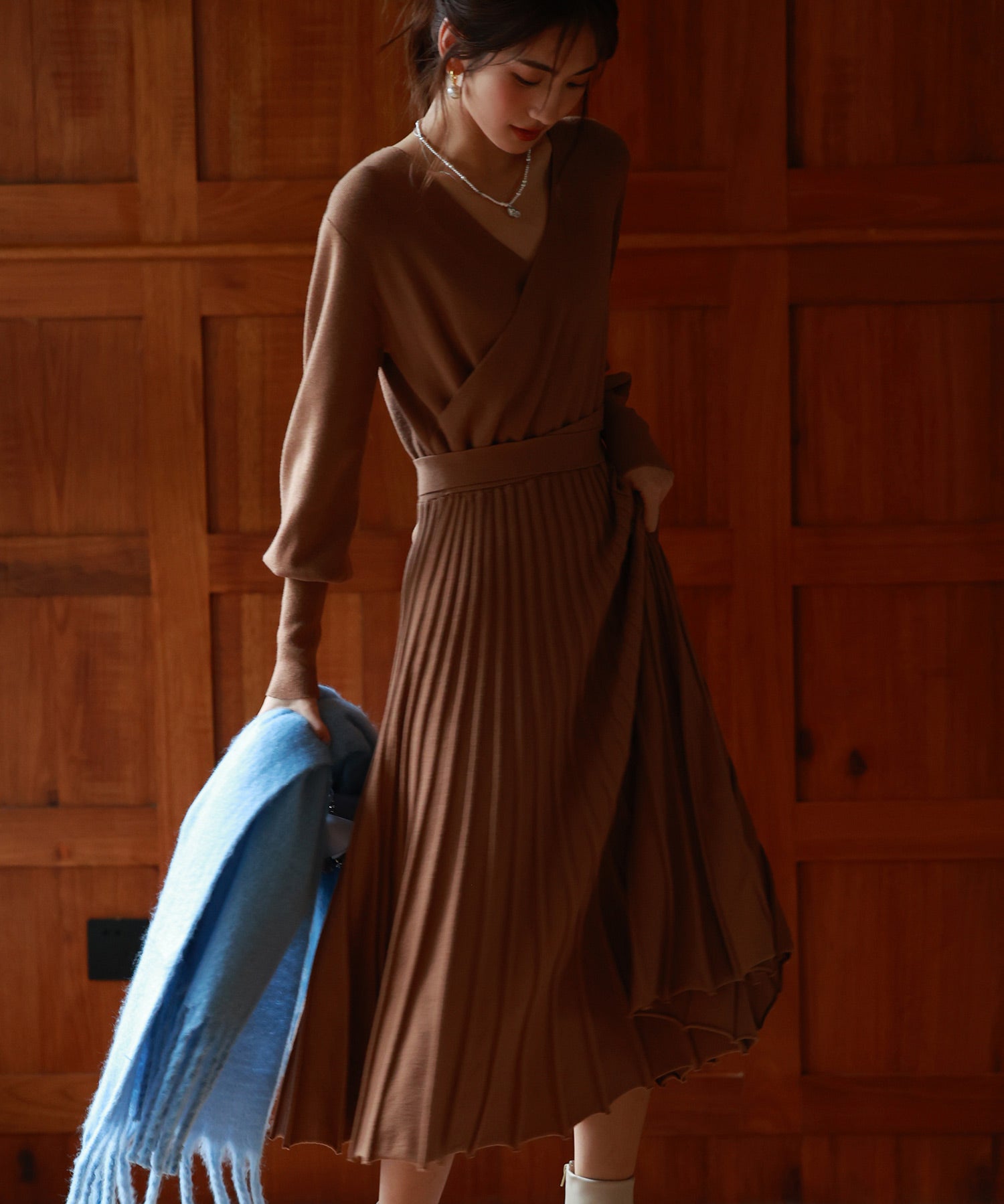 マトンスリーブカシュクールニットワンピースsdpxyf7005 ブラウン