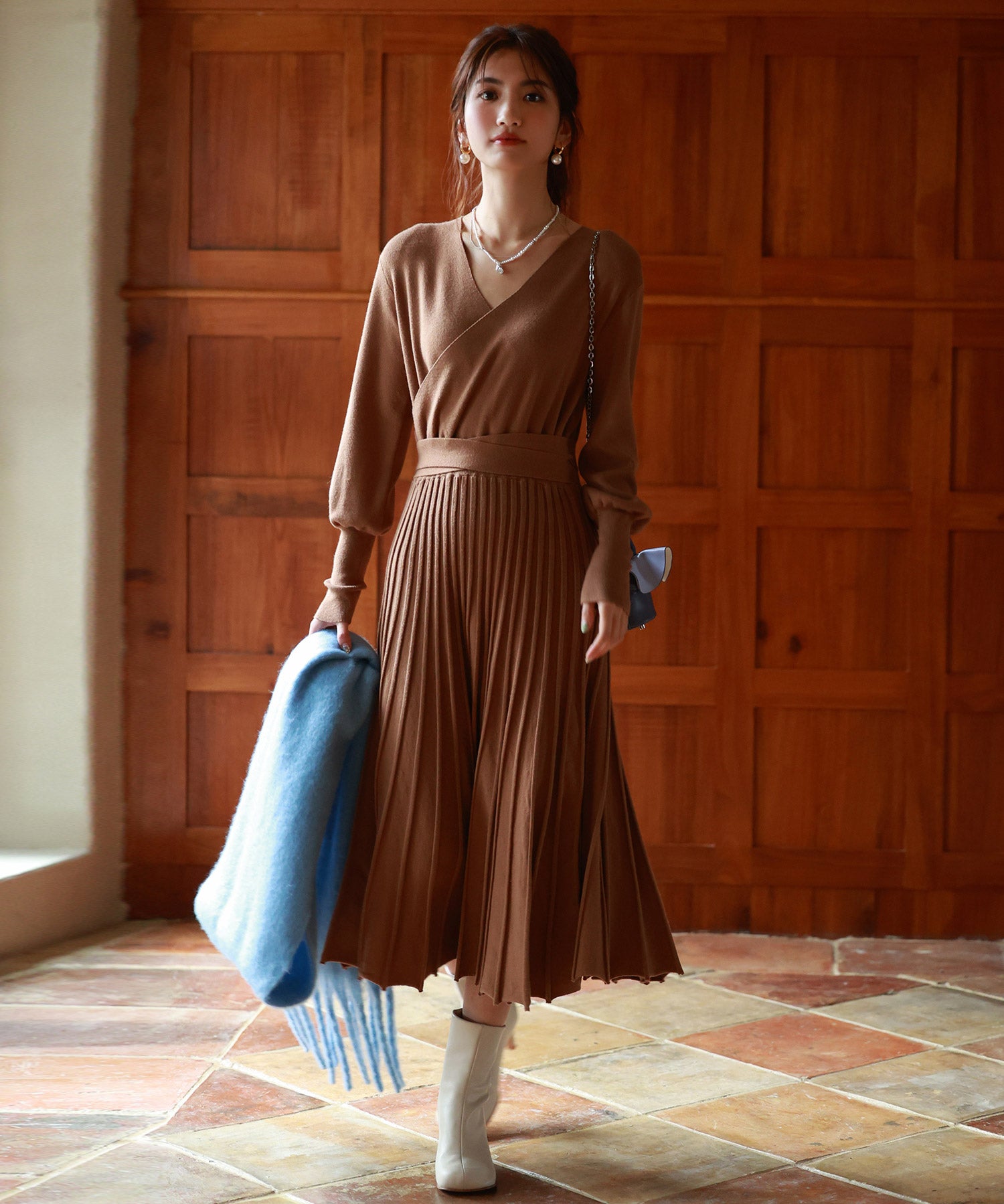 マトンスリーブカシュクールニットワンピースsdpxyf7005 ブラウン