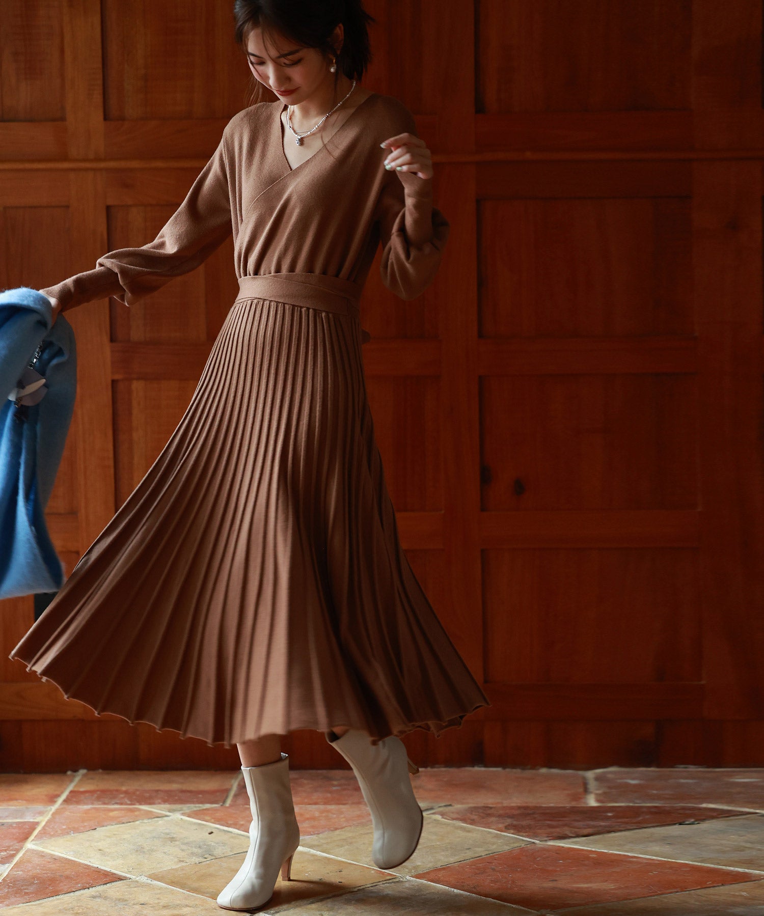 マトンスリーブカシュクールニットワンピースsdpxyf7005 ブラウン