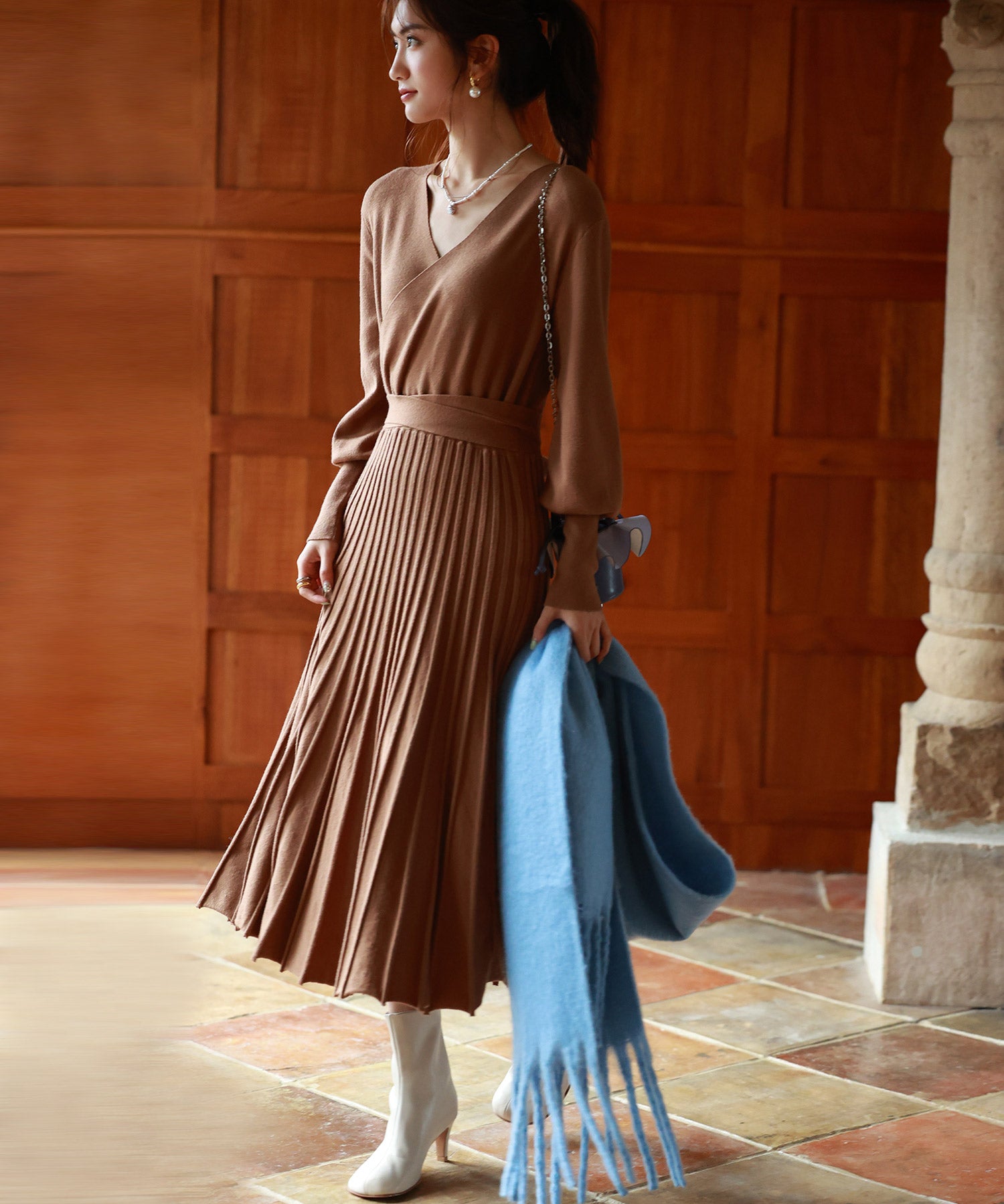 マトンスリーブカシュクールニットワンピースsdpxyf7005 ブラウン