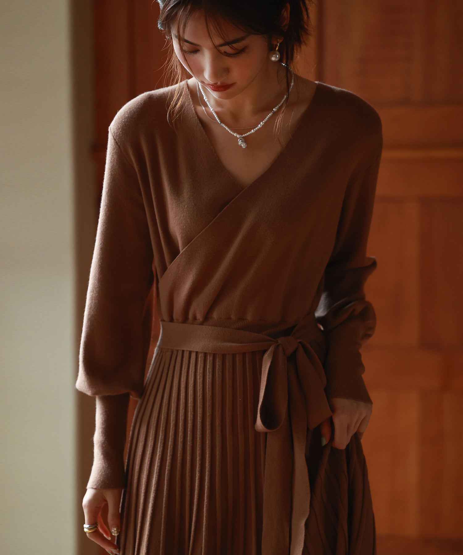 マトンスリーブカシュクールニットワンピースsdpxyf7005 ブラウン