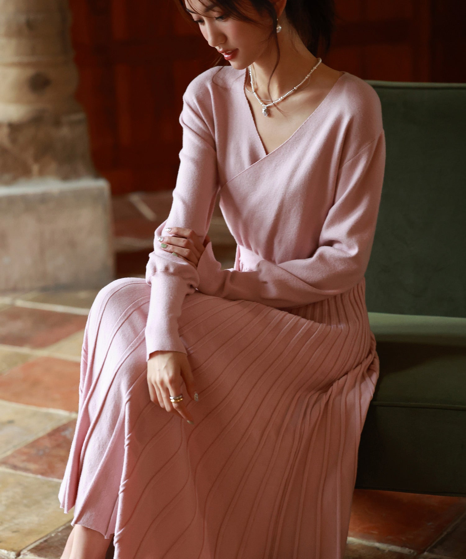 マトンスリーブカシュクールニットワンピースsdpxyf7005 ピンク