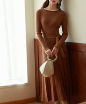 レイヤード風プリーツニットワンピースsdpxyf7017 ブラウン