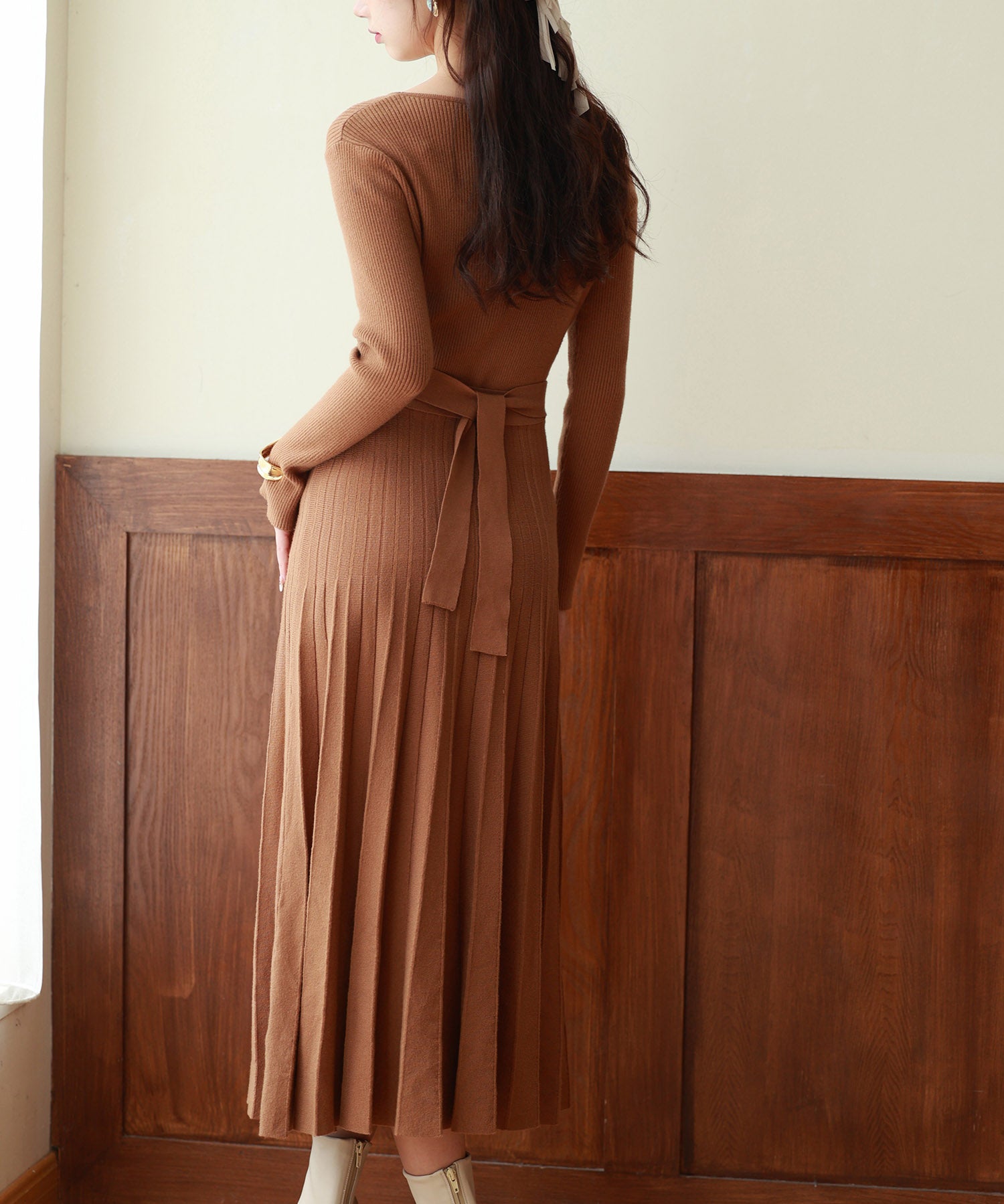 レイヤード風プリーツニットワンピースsdpxyf7017 ブラウン