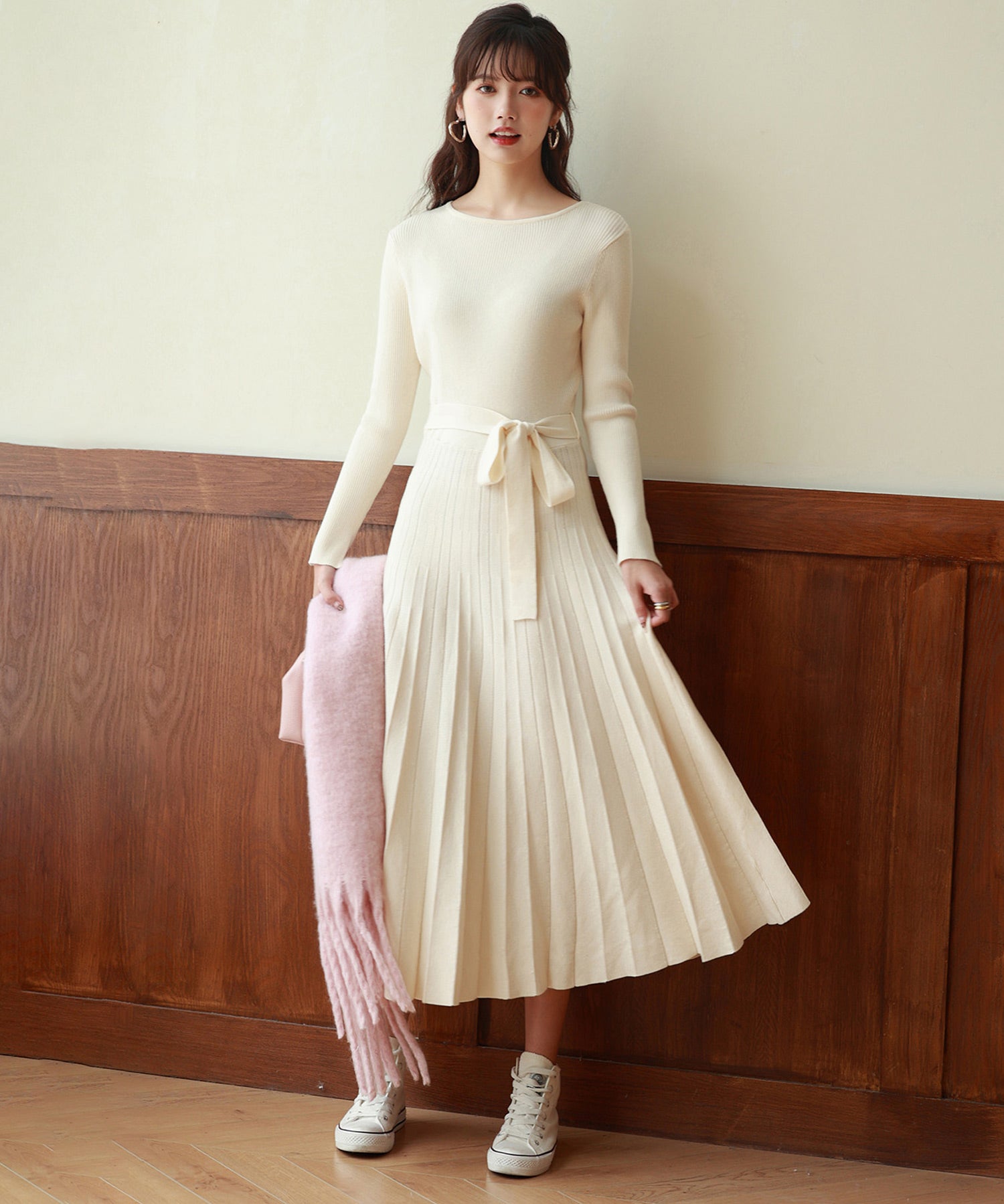 レイヤード風プリーツニットワンピースsdpxyf7017 アイボリー