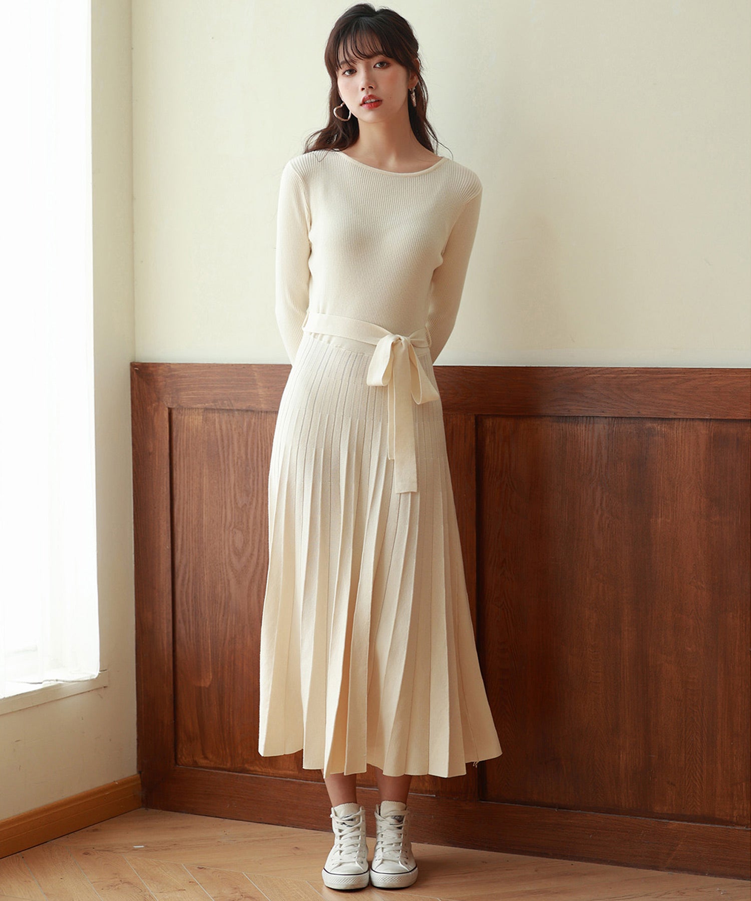 レイヤード風プリーツニットワンピースsdpxyf7017 アイボリー