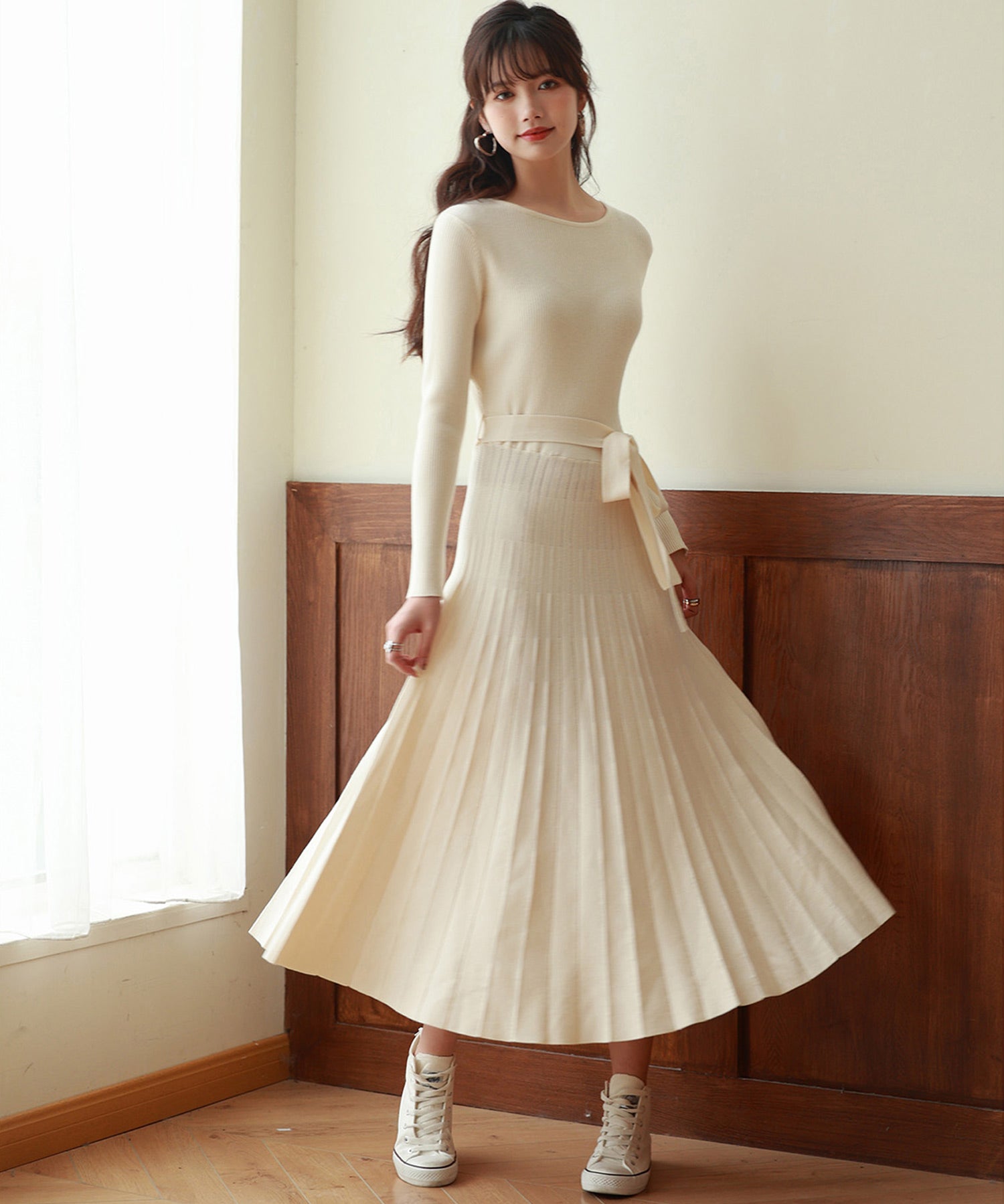 レイヤード風プリーツニットワンピースsdpxyf7017 アイボリー