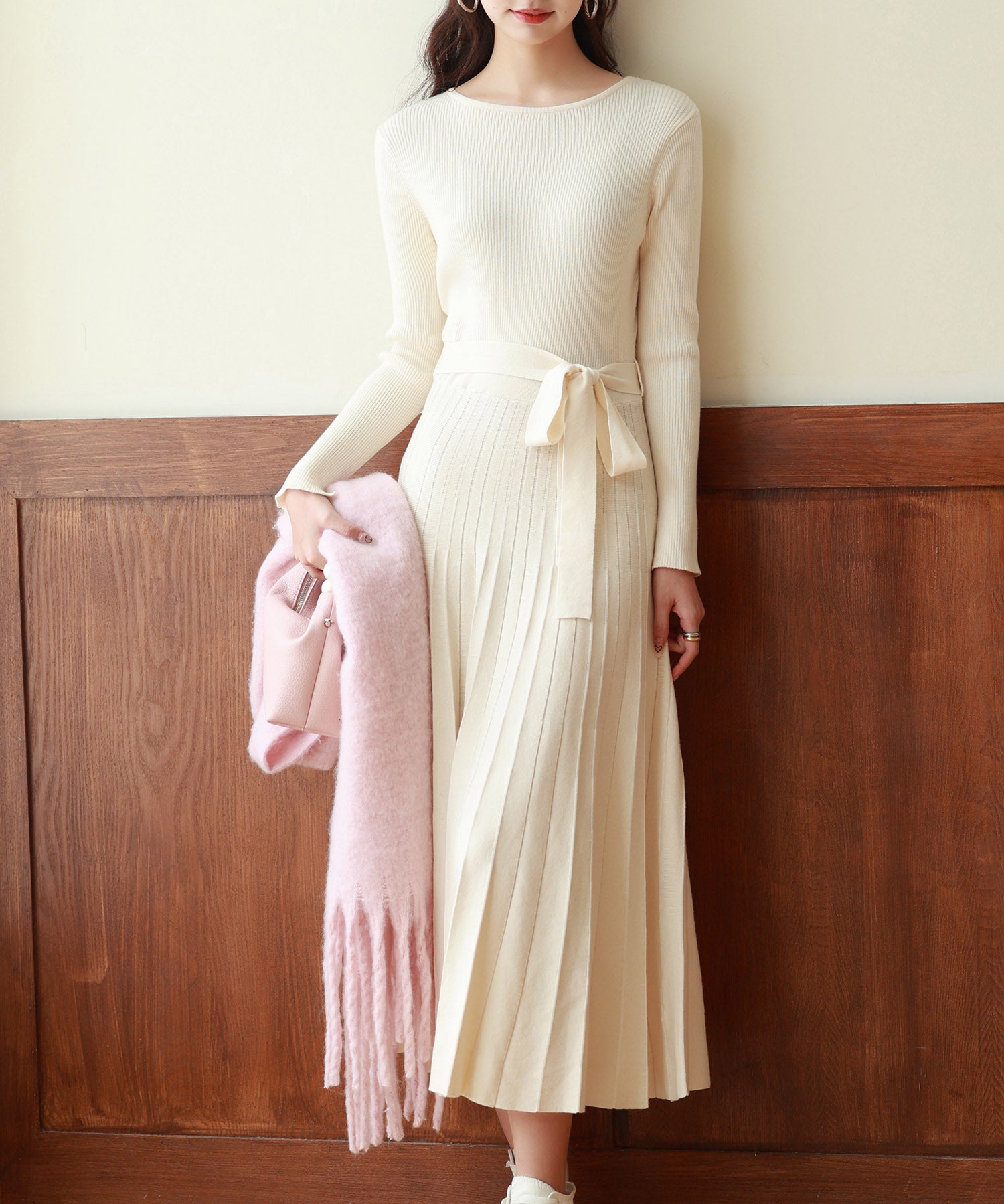 レイヤード風プリーツニットワンピースsdpxyf7017 アイボリー