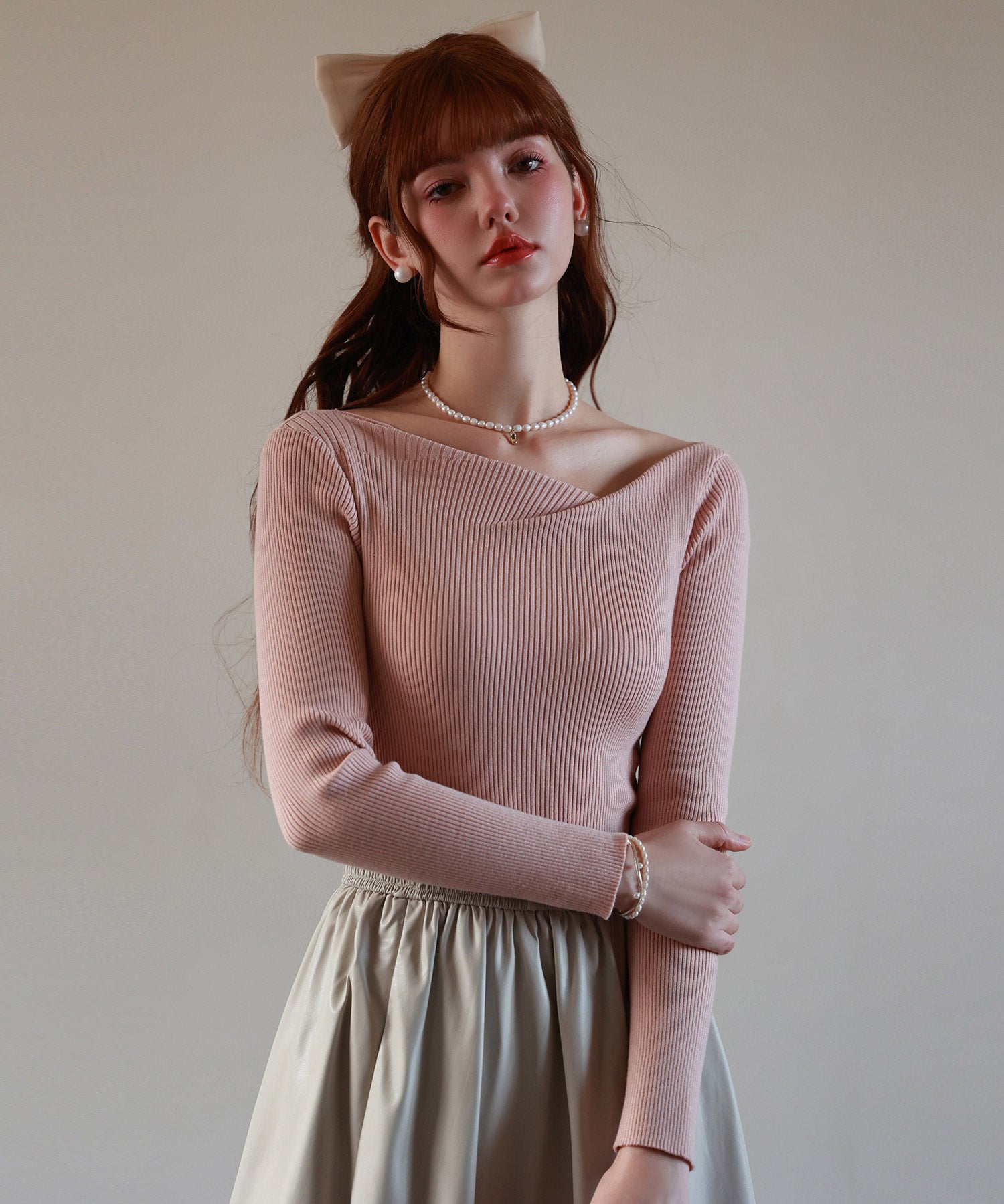 イレギュラーネックニットプルオーバーsdpxyf7042 ピンク