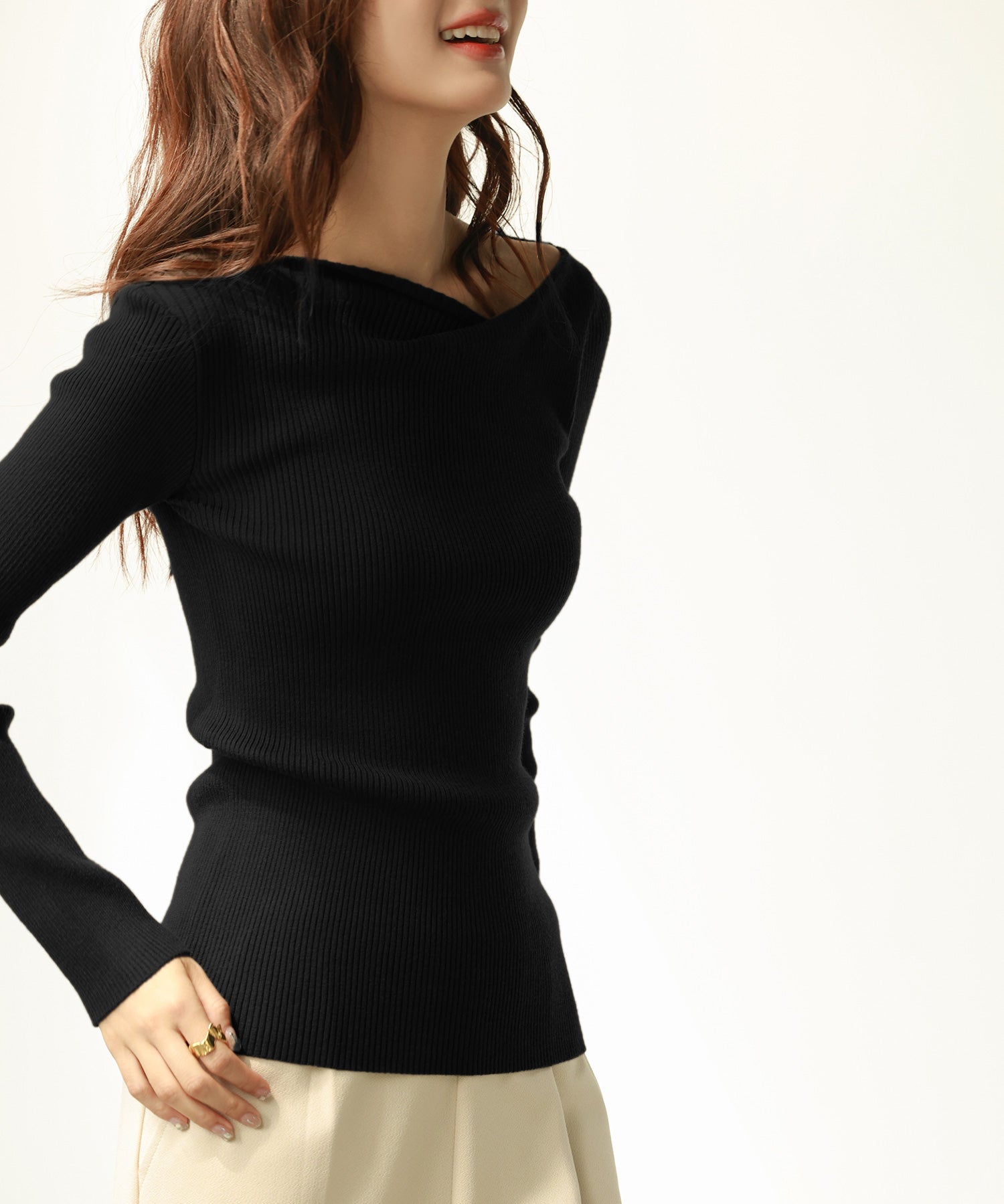 イレギュラーネックニットプルオーバーsdpxyf7042 ブラック