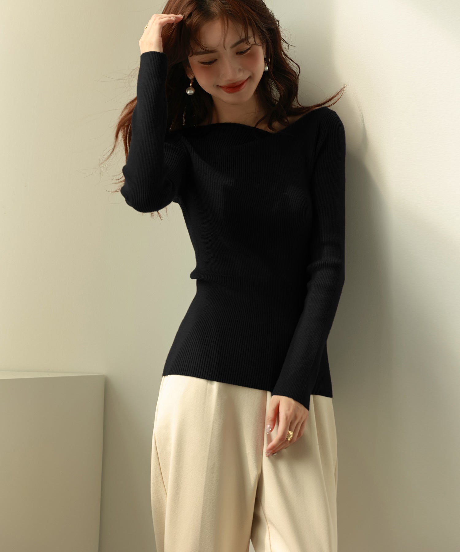 イレギュラーネックニットプルオーバーsdpxyf7042 ブラック