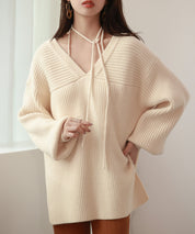 コーデの主役になる紐リボン付きリブニットsdpxyf7050 アイボリー