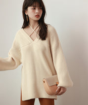 コーデの主役になる紐リボン付きリブニットsdpxyf7050 アイボリー