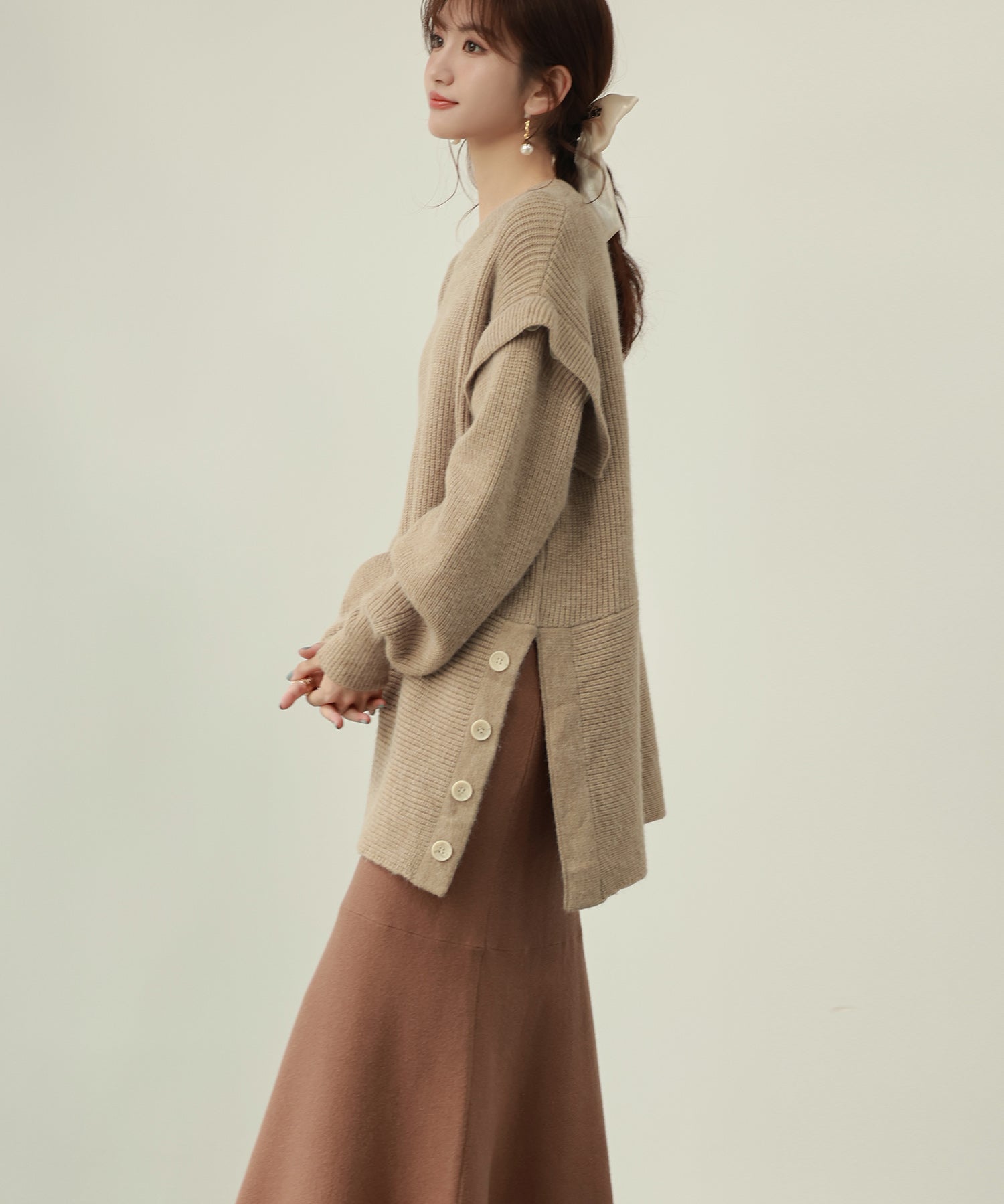 2way着回し抜群チュニック丈ニットプルオーバsdpxyf7051 ベージュ