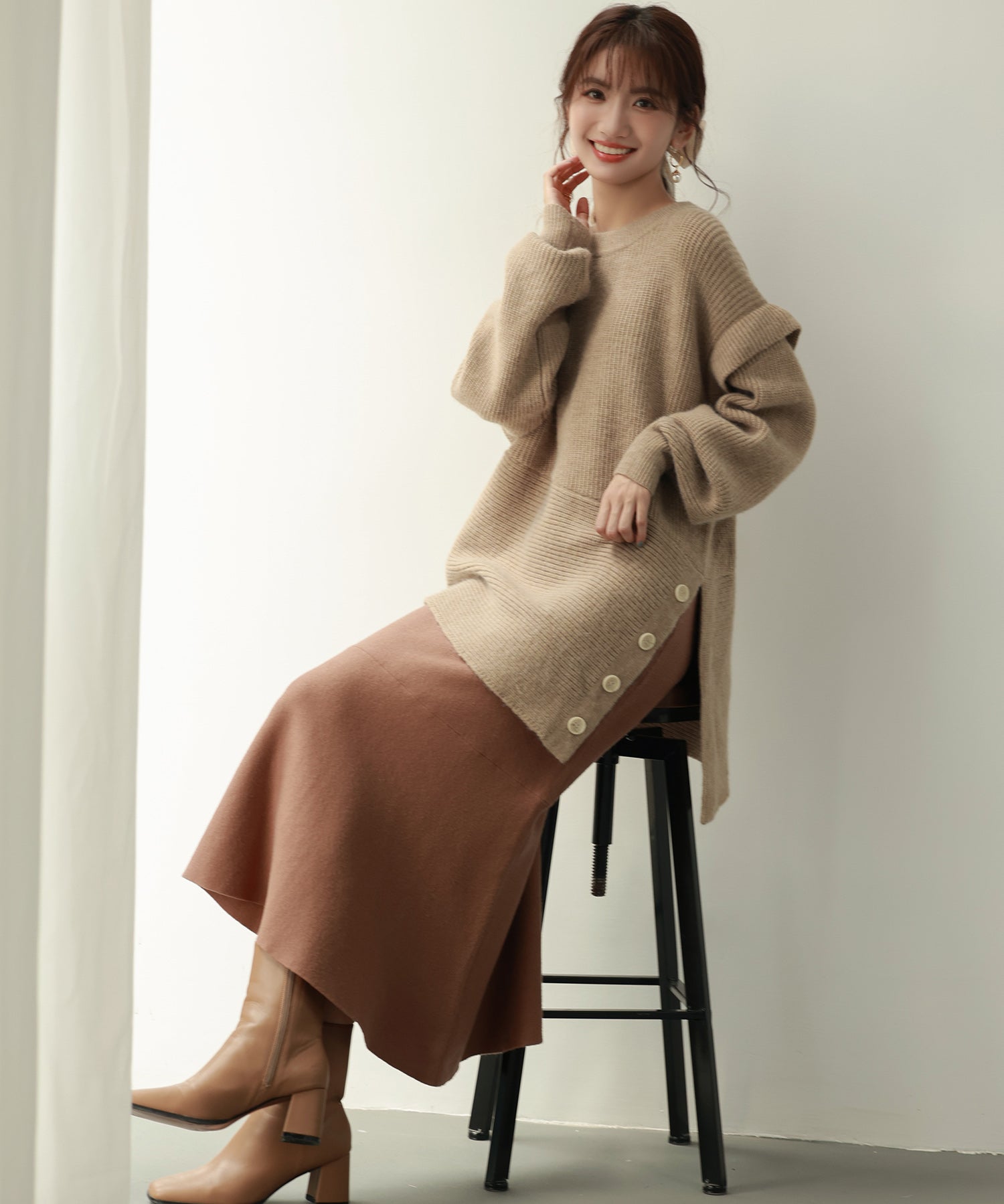 2way着回し抜群チュニック丈ニットプルオーバsdpxyf7051 ベージュ