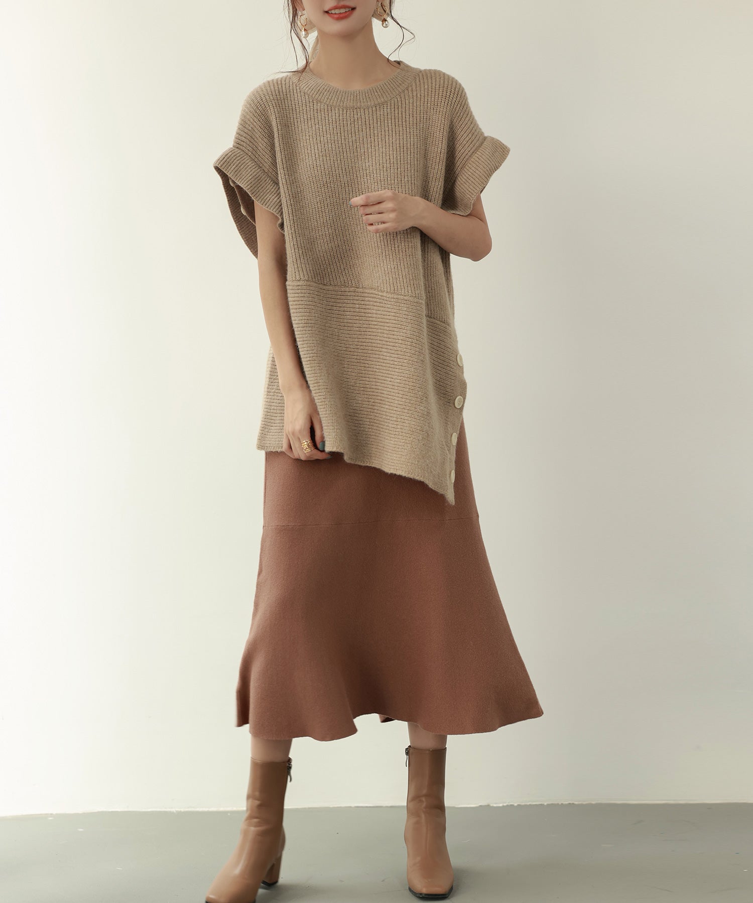 2way着回し抜群チュニック丈ニットプルオーバsdpxyf7051 ベージュ