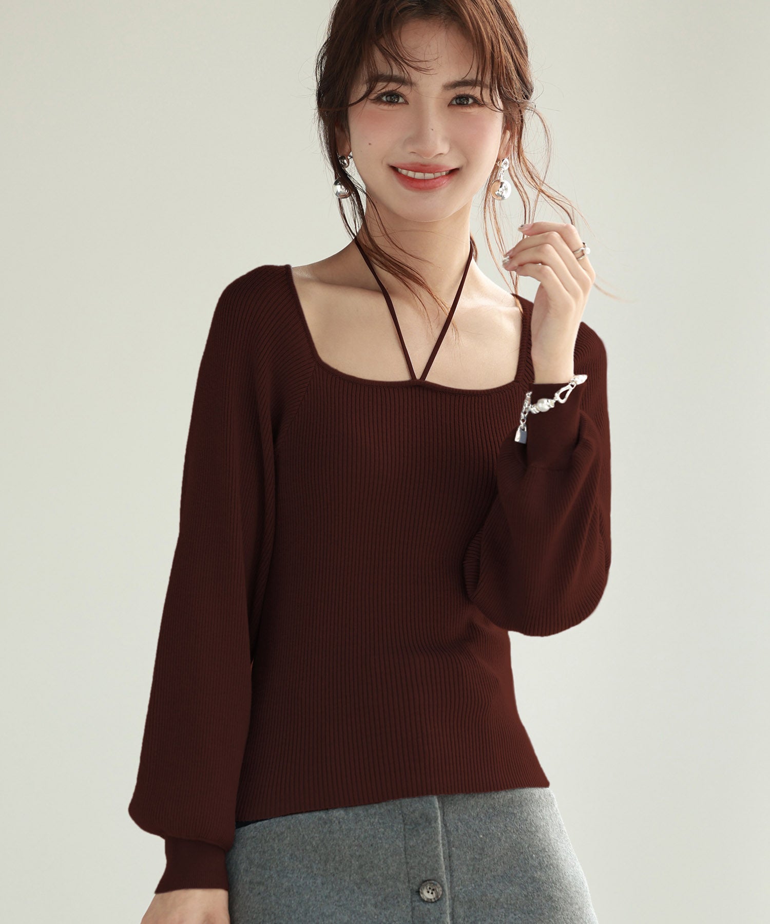 フロントリボンボリュームスリーブニットプルオーバーsdpxyf8121-103-17