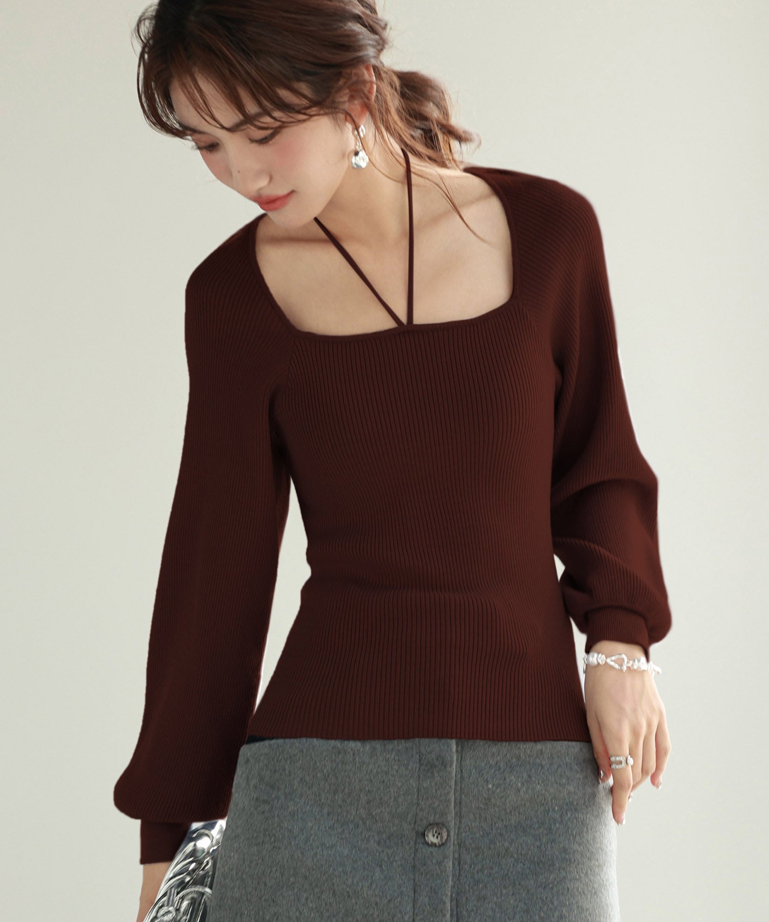 フロントリボンボリュームスリーブニットプルオーバーsdpxyf8121 ブラウン