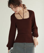 フロントリボンボリュームスリーブニットプルオーバーsdpxyf8121 ブラウン