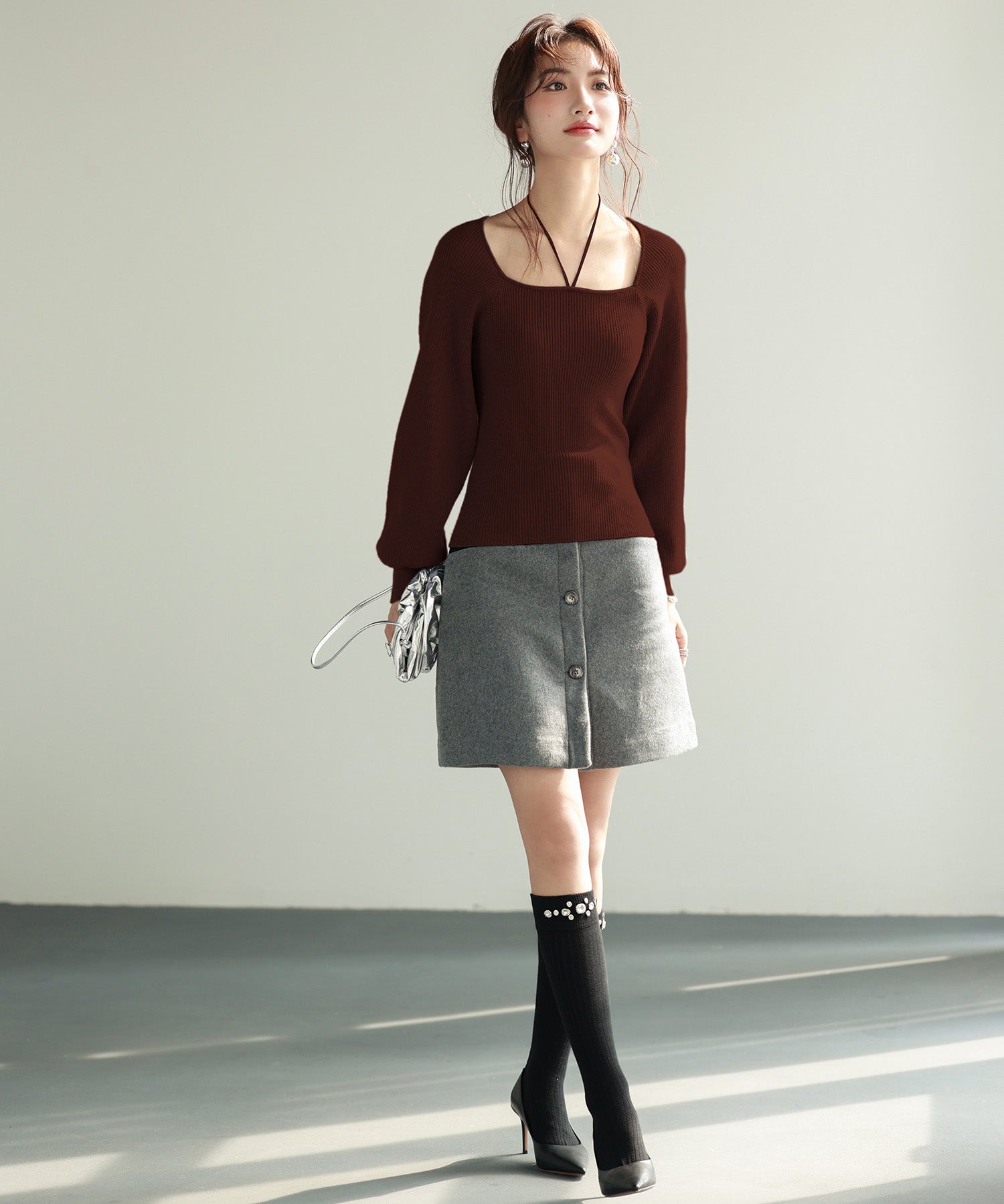 フロントリボンボリュームスリーブニットプルオーバーsdpxyf8121 ブラウン