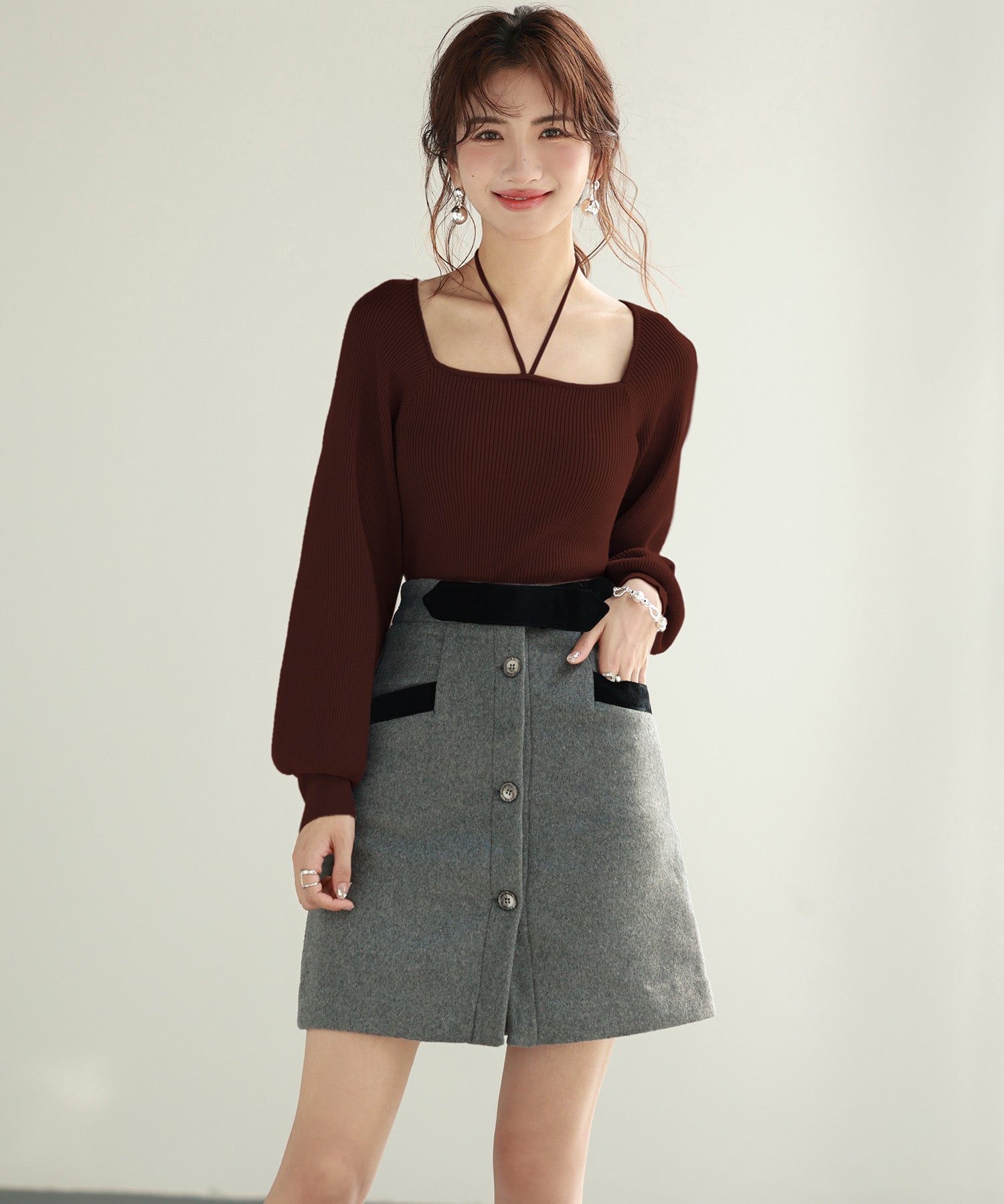 フロントリボンボリュームスリーブニットプルオーバーsdpxyf8121 ブラウン