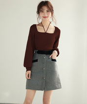 フロントリボンボリュームスリーブニットプルオーバーsdpxyf8121 ブラウン