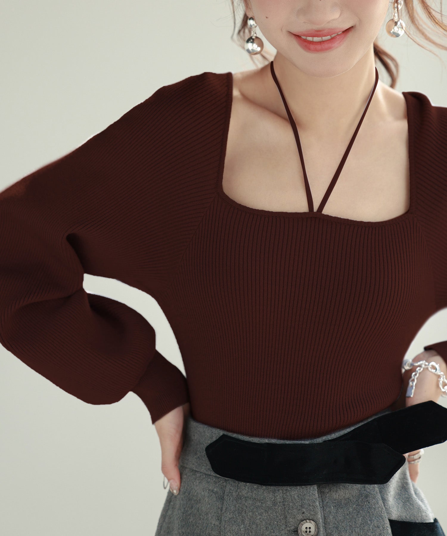 フロントリボンボリュームスリーブニットプルオーバーsdpxyf8121 ブラウン