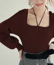 フロントリボンボリュームスリーブニットプルオーバーsdpxyf8121 ブラウン