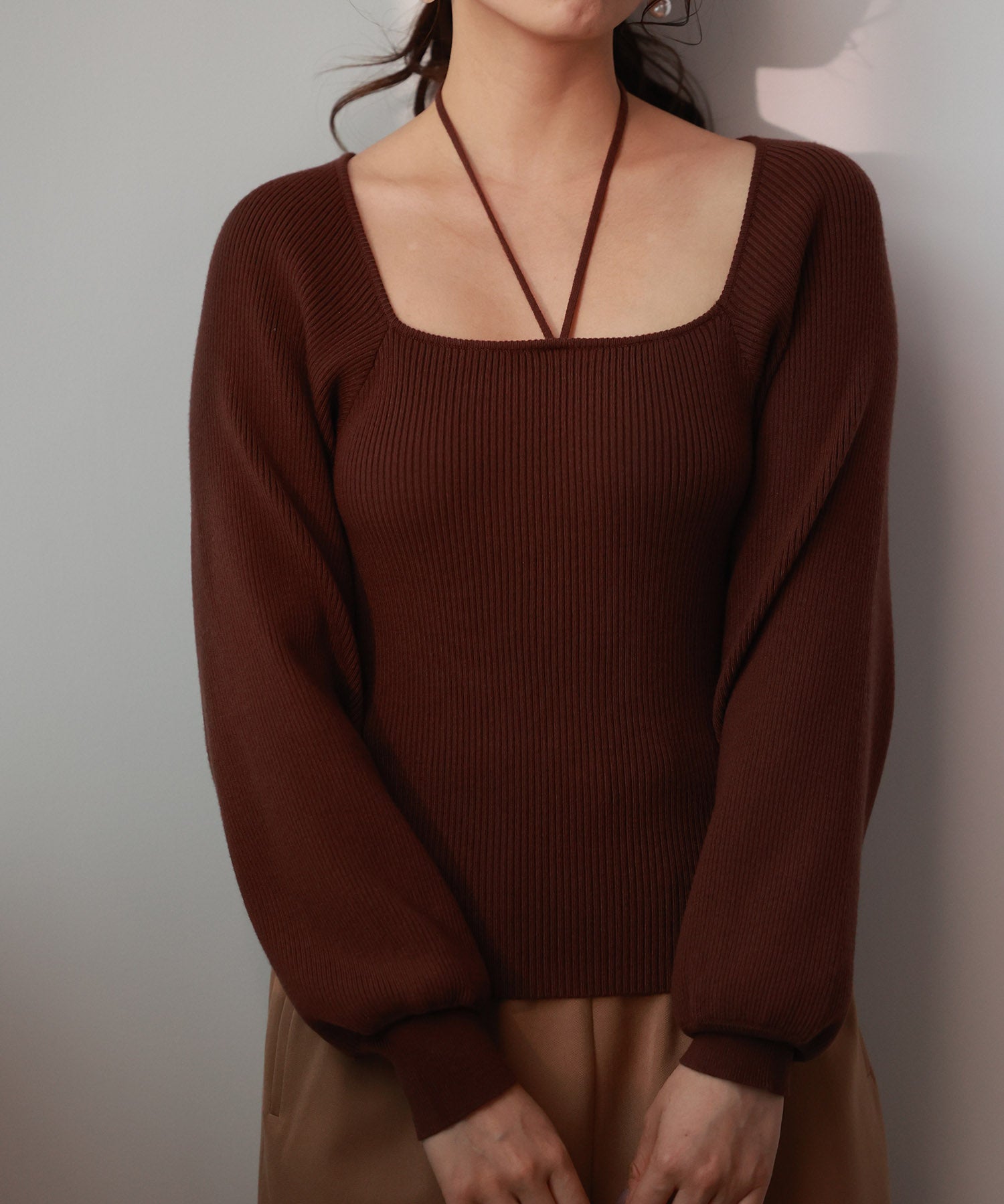 フロントリボンボリュームスリーブニットプルオーバーsdpxyf8121 ブラウン