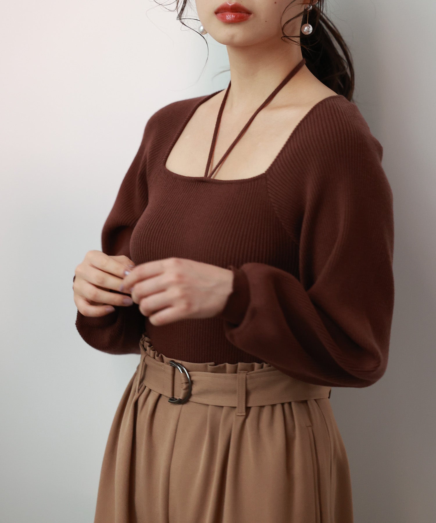 フロントリボンボリュームスリーブニットプルオーバーsdpxyf8121 ブラウン